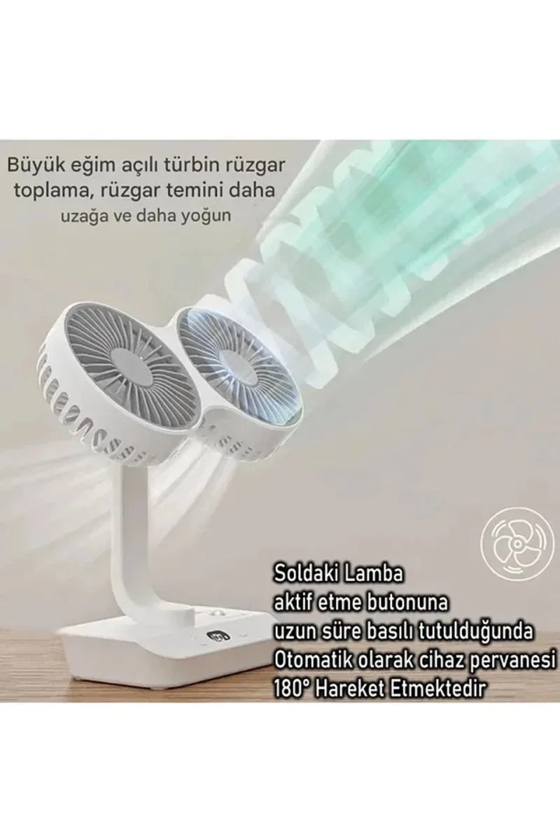 Masaüstü Dijital Ekranlı Çift Fanlı Led Işıklı Soğutucu Fan Ev Ofis Şarjlı Vantilatör görsel 2
