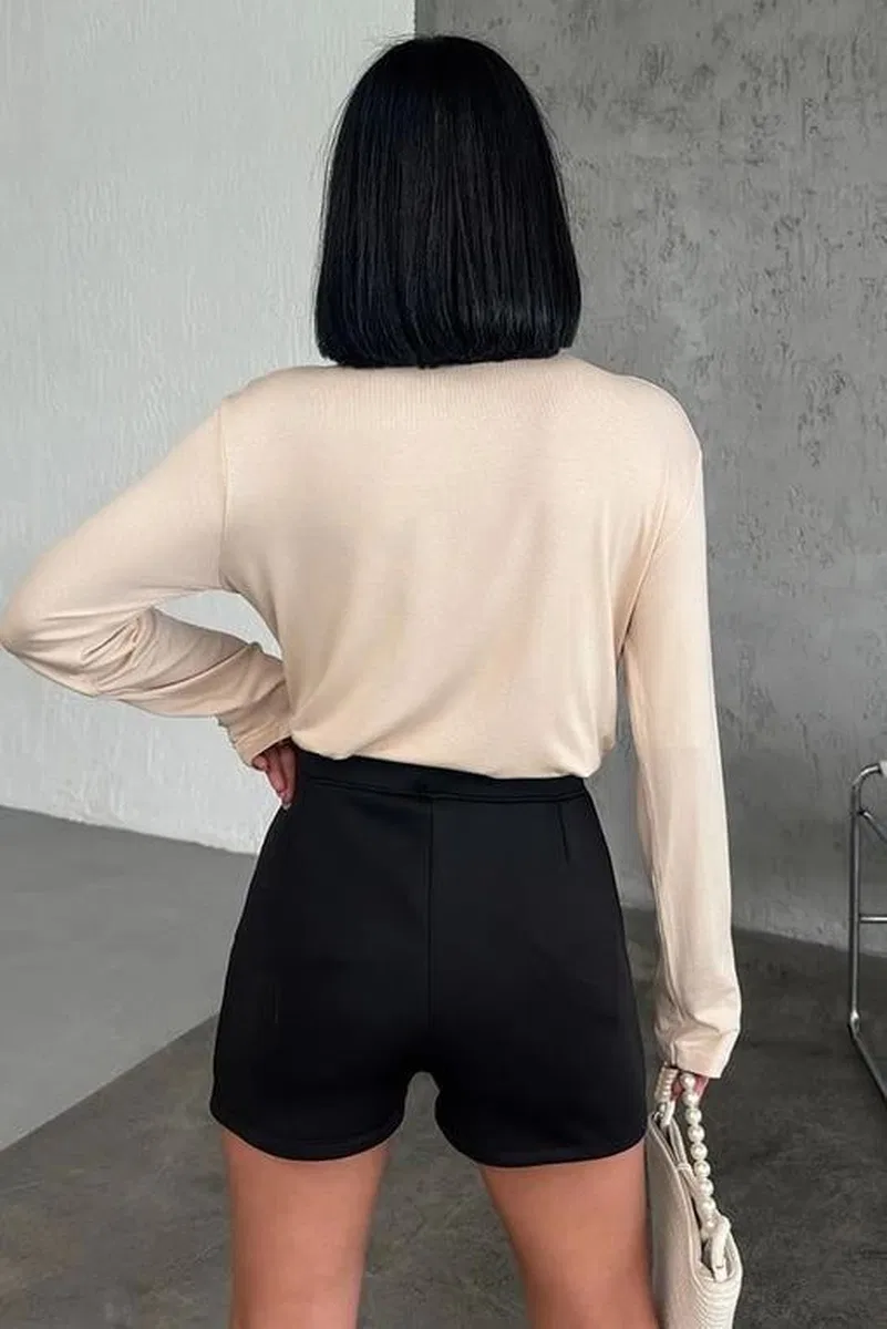 Rahat Ve Şık Uzun Kollu Bisiklet Yaka Likralı Viskon Penye Body Bej görsel 3