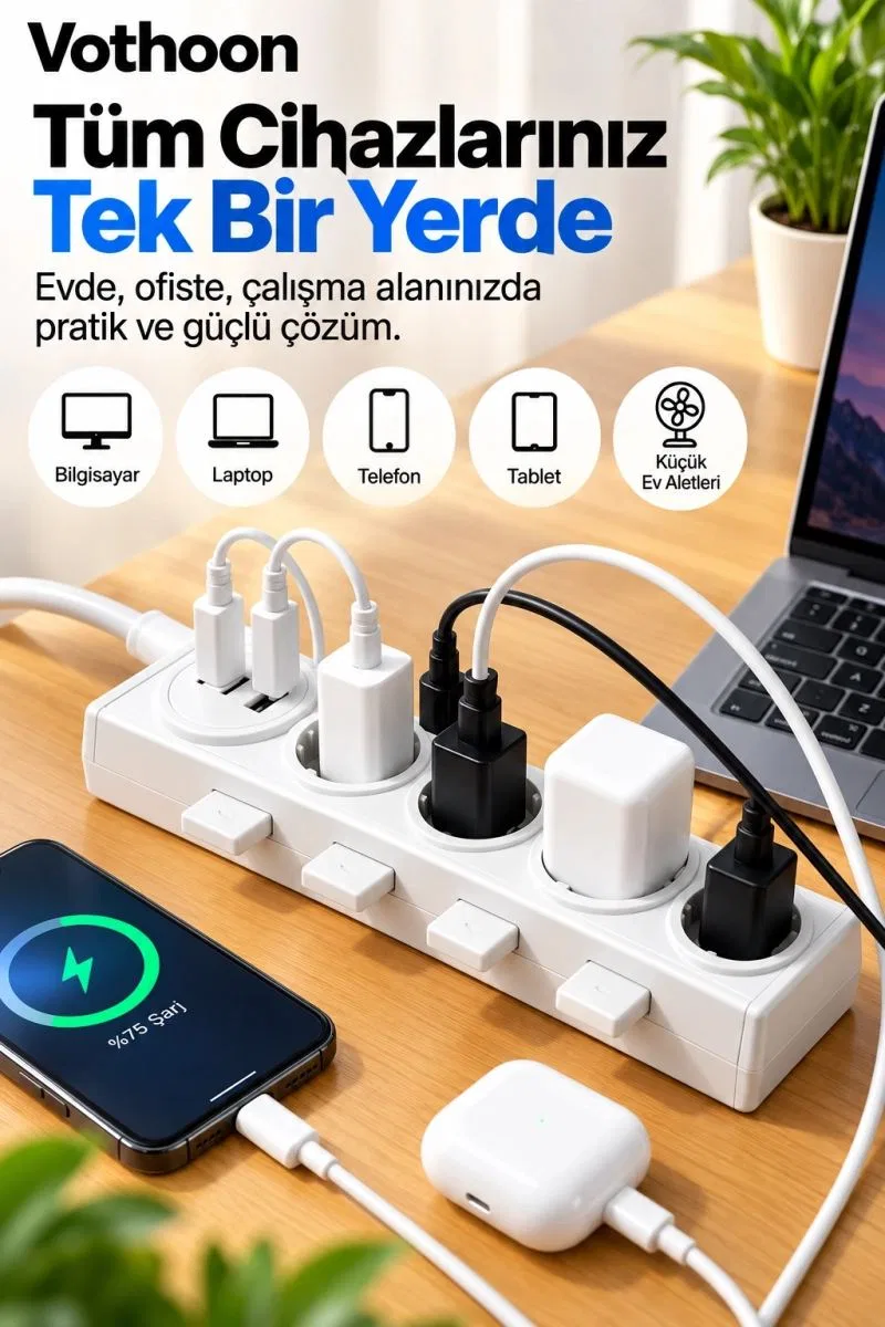 4’lü Akıllı Priz Tek Dokunuşla Fiş Çıkarma 2 Metre Kablo 2 Type-c + Usb 15w Hızlı Şarj 3680w Krem görsel 4