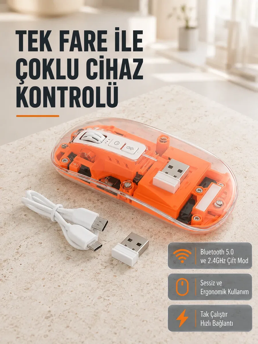 Çift Modlu Kablosuz Bluetooth 5. 0 + 2. 4GHz Mouse – 3 Cihaz Bağlantılı, Hızlı Geçiş Düğmeli