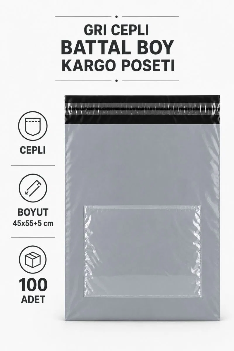 Gri Cepli Battal Boy Kargo Poşeti 45x55+5 Cm 100 Adet