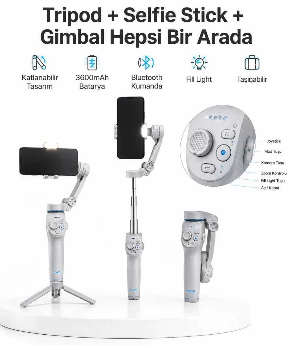 3 Eksen Telefon Gimbal Stabilizer Yapay Zeka Takipli Katlanabilir Dahili Dolgu Işıklı Video Sabitleyici