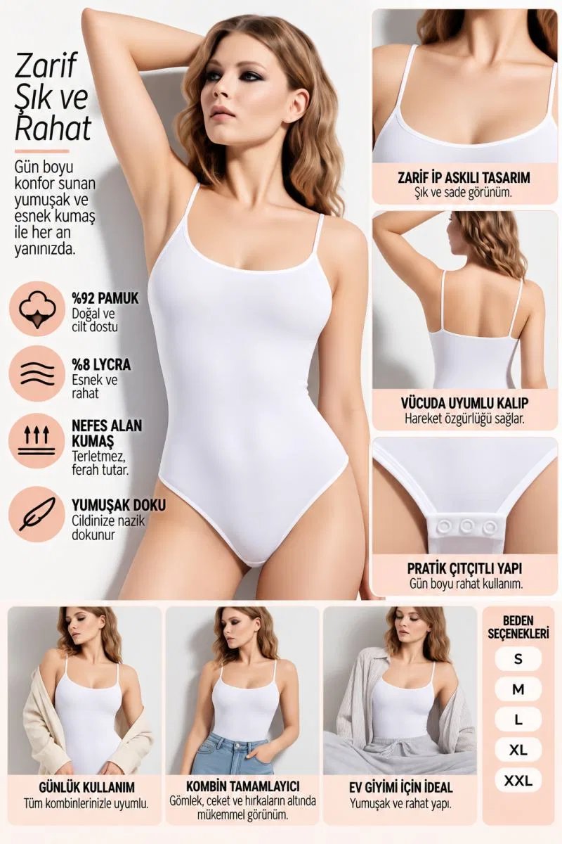 Kadın İp Askılı Çıtçıtlı Body Beyaz Esnek ve Yumuşak Kumaş, Vücuda Uyumlu - ryl - 2600 görsel 3