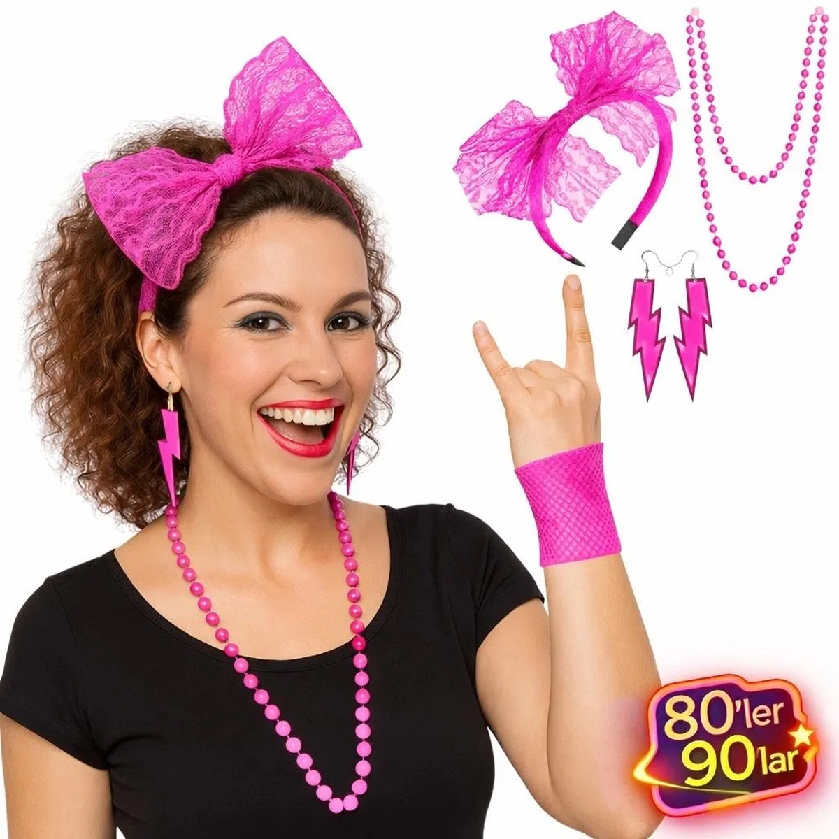 80’ler 90’lar Neon Pembe Parti Seti – Kolye Küpe Taç görsel 2