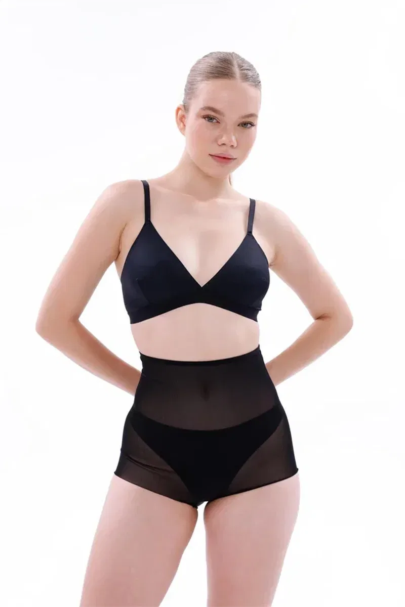 Siyah Lazer Kesim Tül Toparlayıcı Slip Hayalet Külot Korse