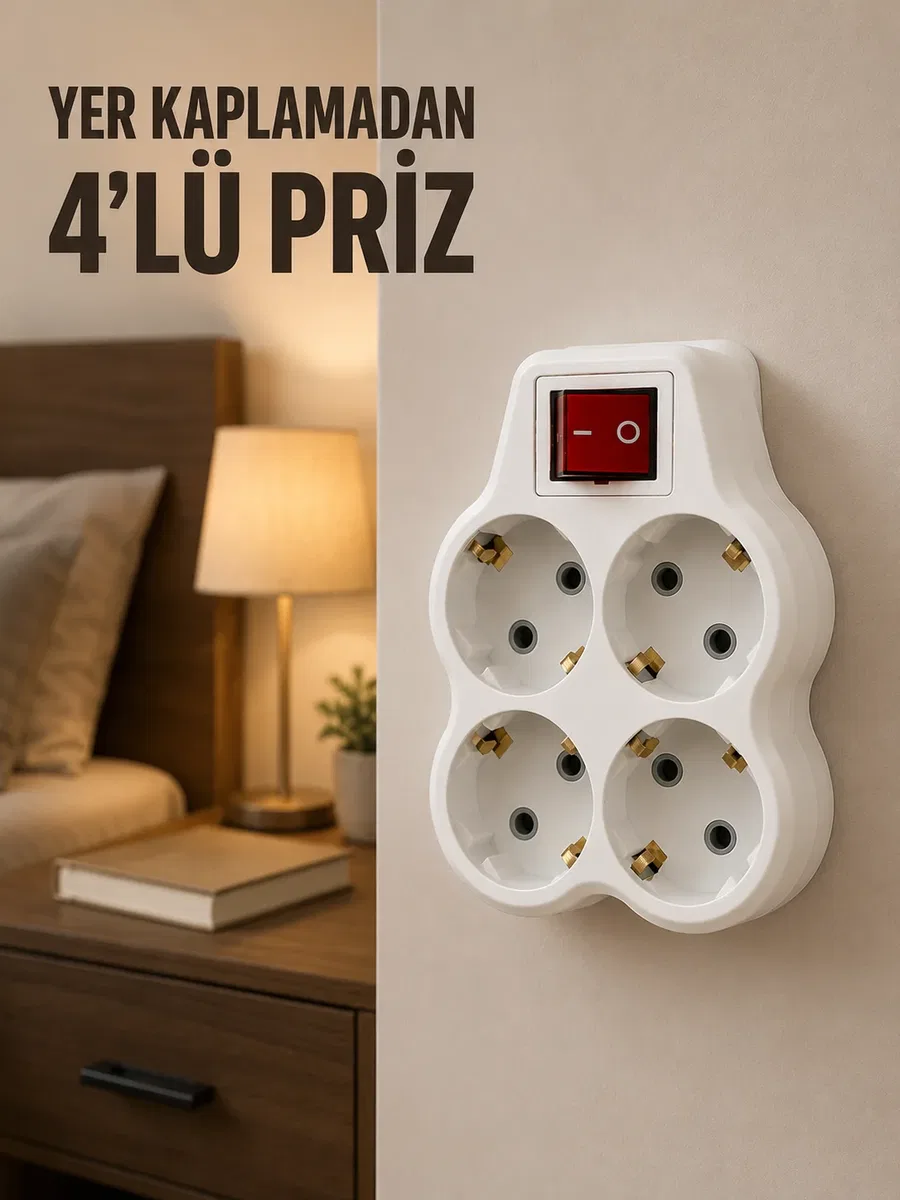 4’lü Priz Çoğaltıcı Açma Kapama Anahtarlı Kablosuz Duvar Tipi Priz Adaptörü