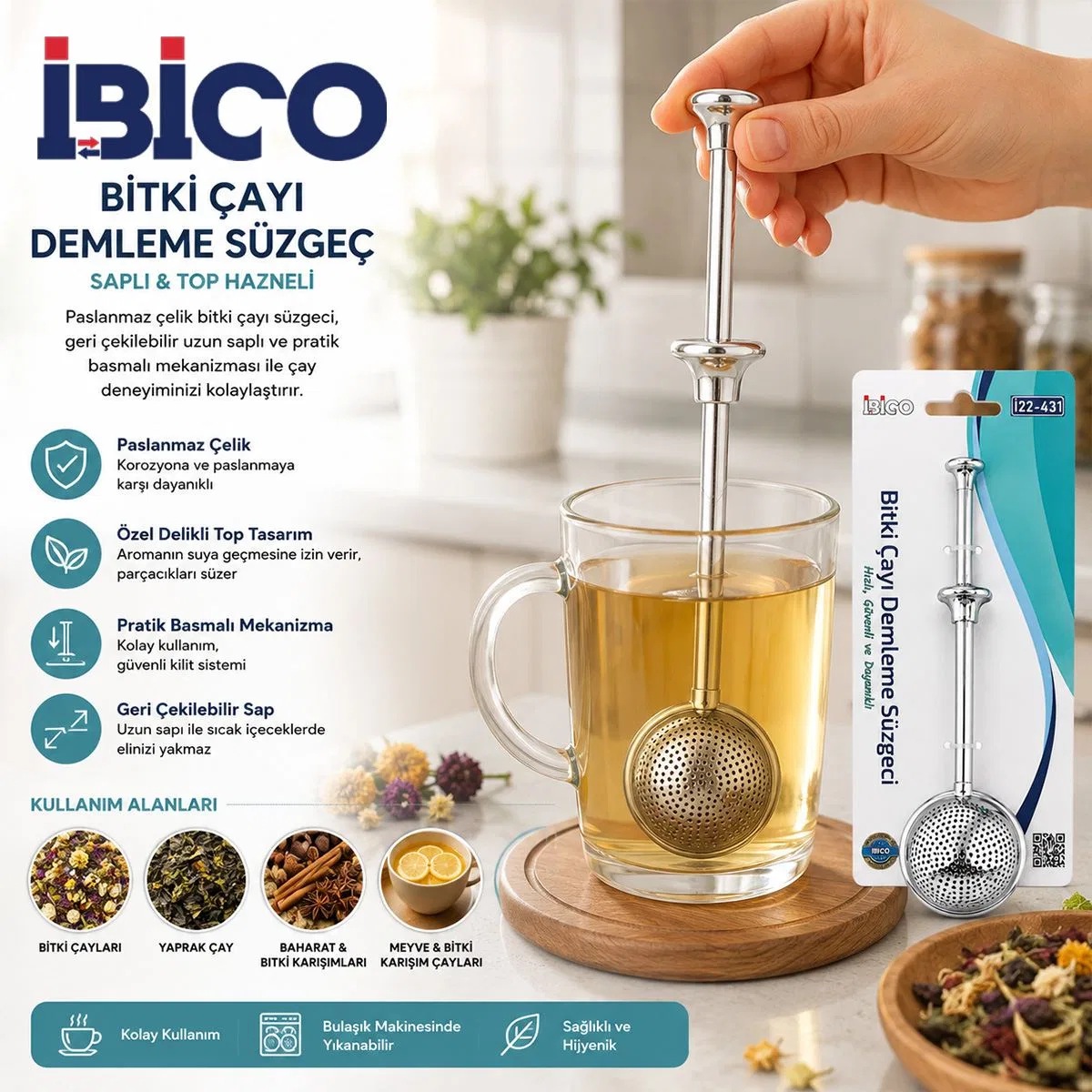 Saplı Paslanmaz Çelik Bitki Çay Demleme Süzgeç (Çap 5 cm) görsel 3