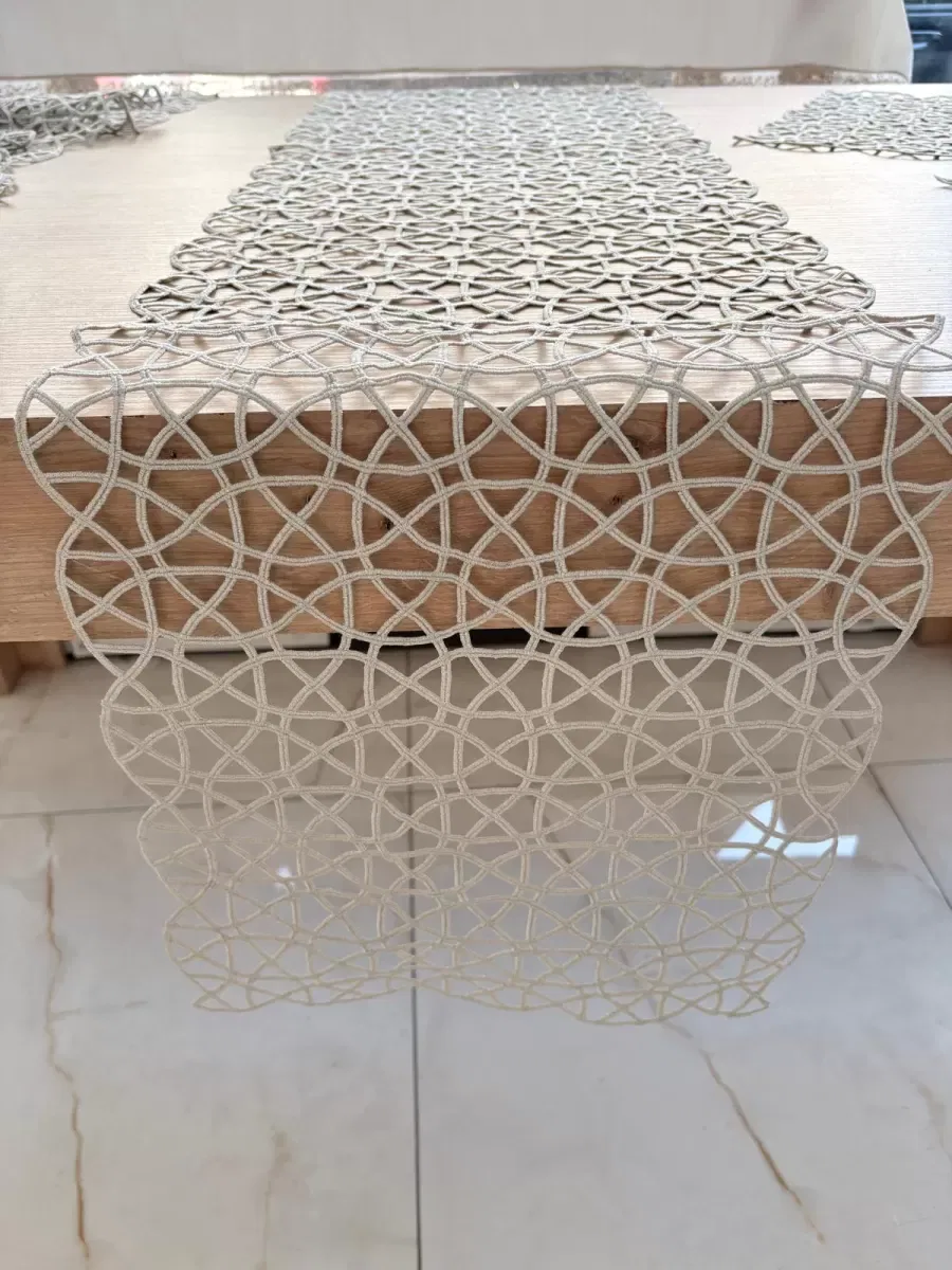 Salon Takımı Angles Çeyizlik Krem Runner Set 5 Parça İşlemeli Ranır Masa Sehpa Konsol Örtüsü görsel 2