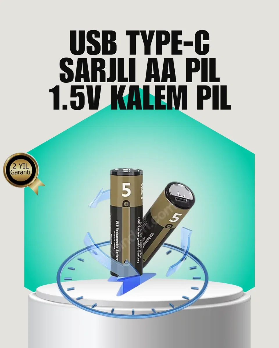 1. 5V AA Şarjlı Lityum Pil | 1000+ Kez Şarj Edilebilir | Hızlı Type-C Şarj (2 Adet)