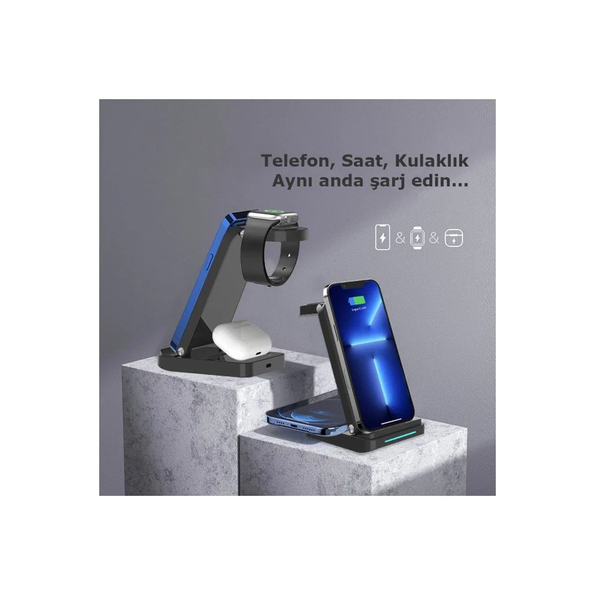 S90 4in1 Kablosuz Şarj Masaüstü Set - Siyah görsel 2