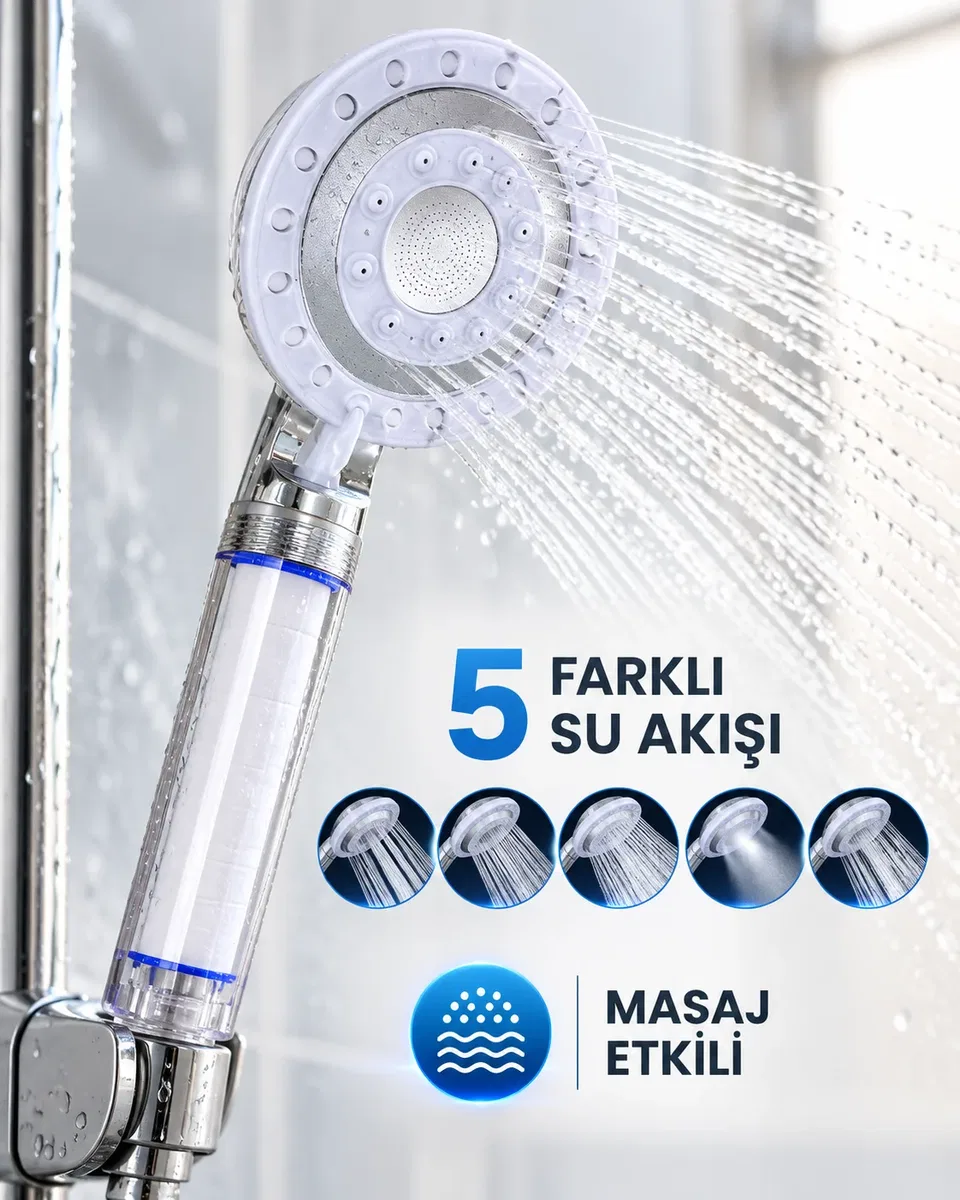 Masaj Etkili Filtreli Duş Başlığı 5 Fonksiyonlu Yağmur Sis Geniş Karışık Su Akışı