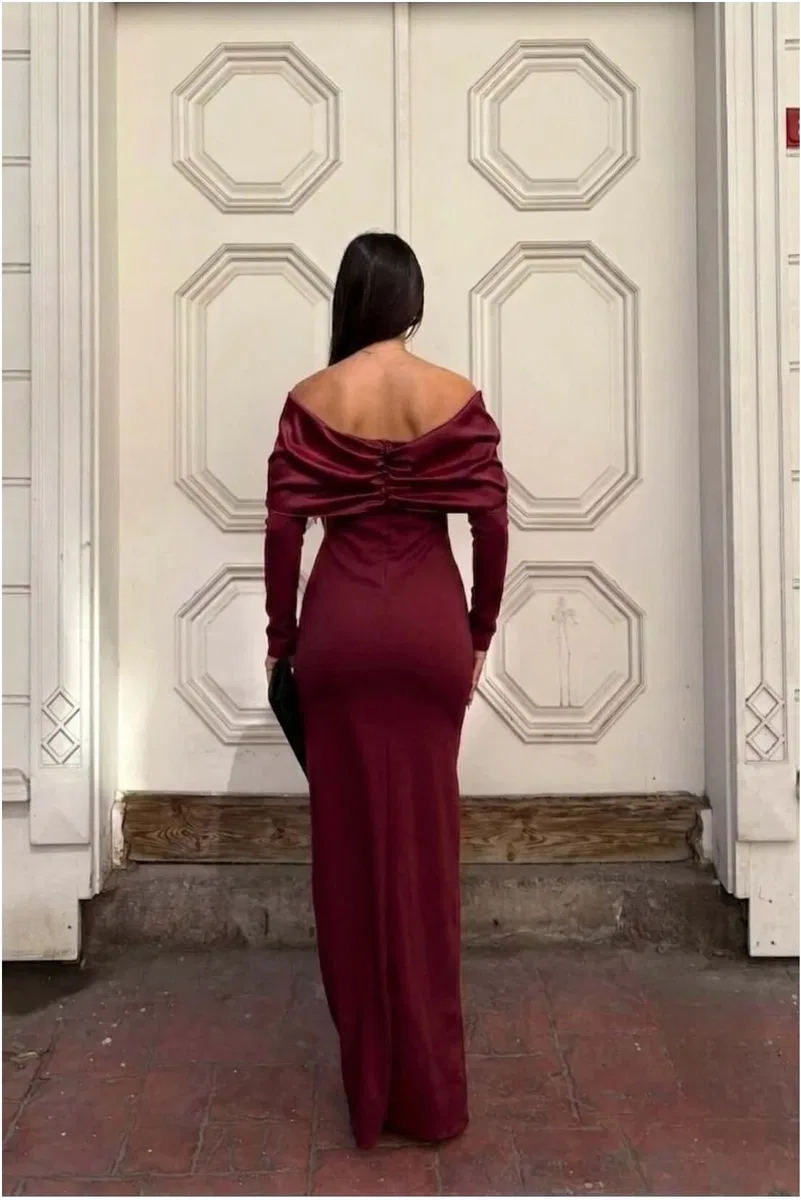 Kadın Zarif Tasarım Esnek Saten Kumaş Carmen Yaka Yırtmaçlı Abiye Elbise görsel 4