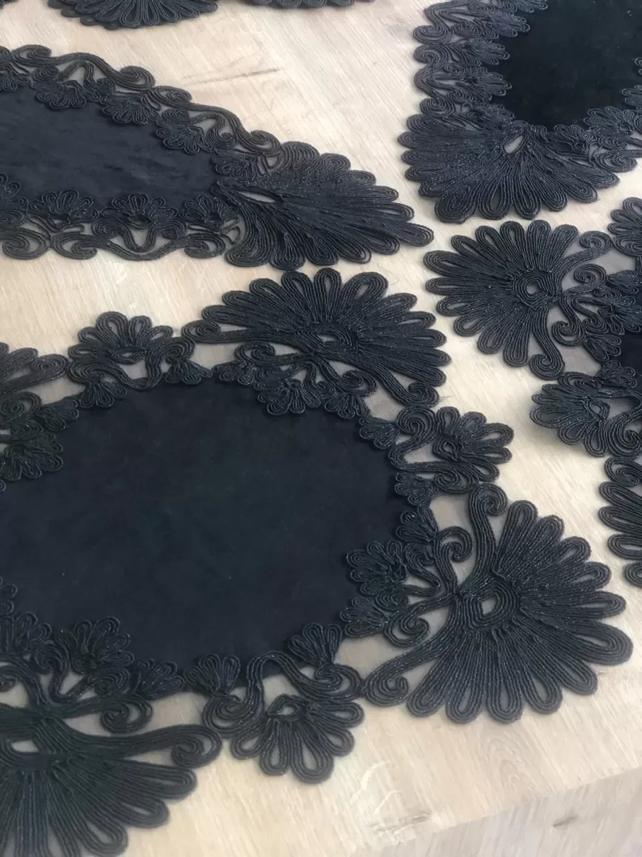 Salon Takımı Çeyizlik Siyah Runner Set 7 Parça Kadife Ranır Masa Konsol Sehpa Örtüsü Palmiye görsel 4