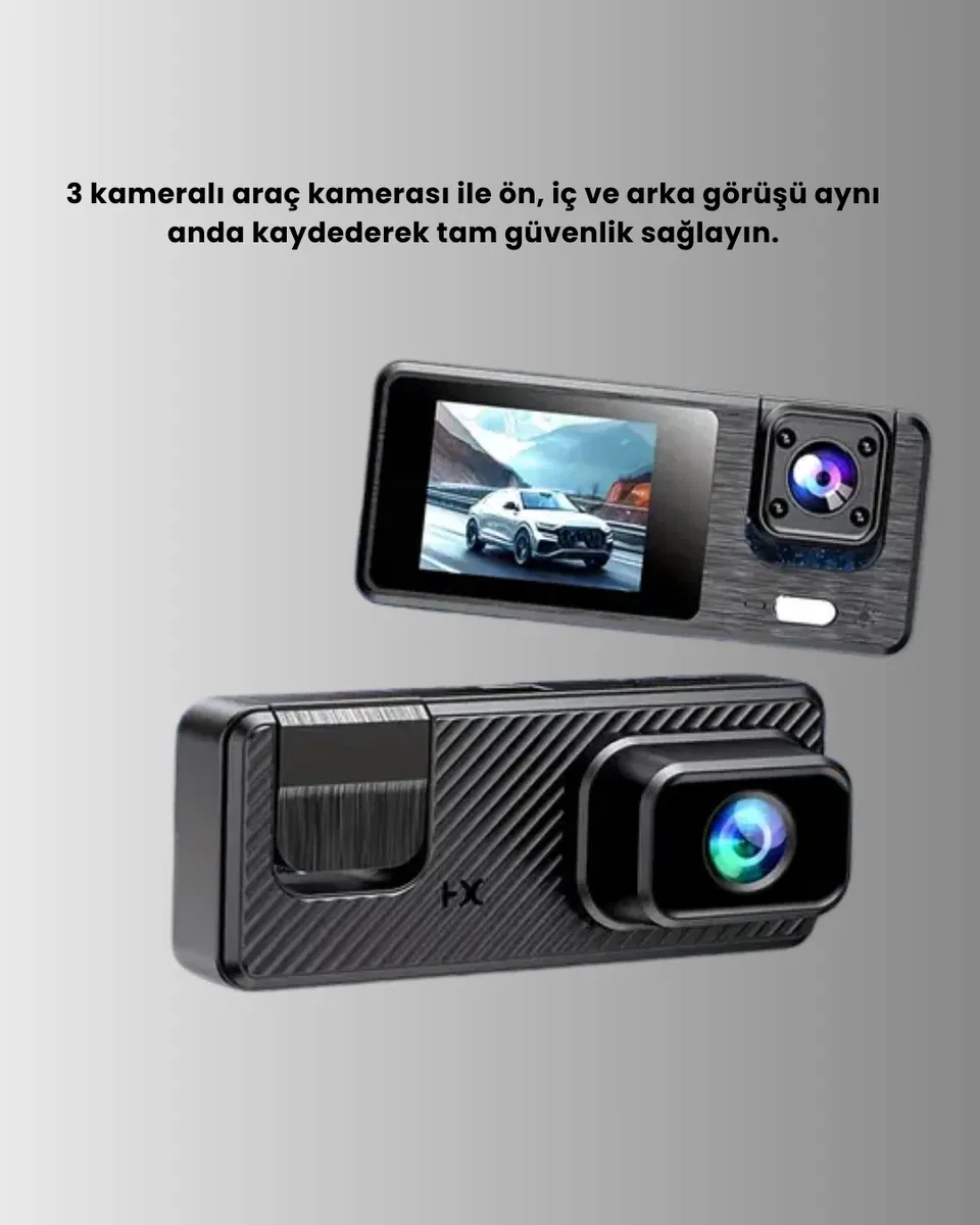 3 Kameralı Araç İçi DVR Kayıt Cihazı Ön İç Arka Kamera Full HD görsel 5