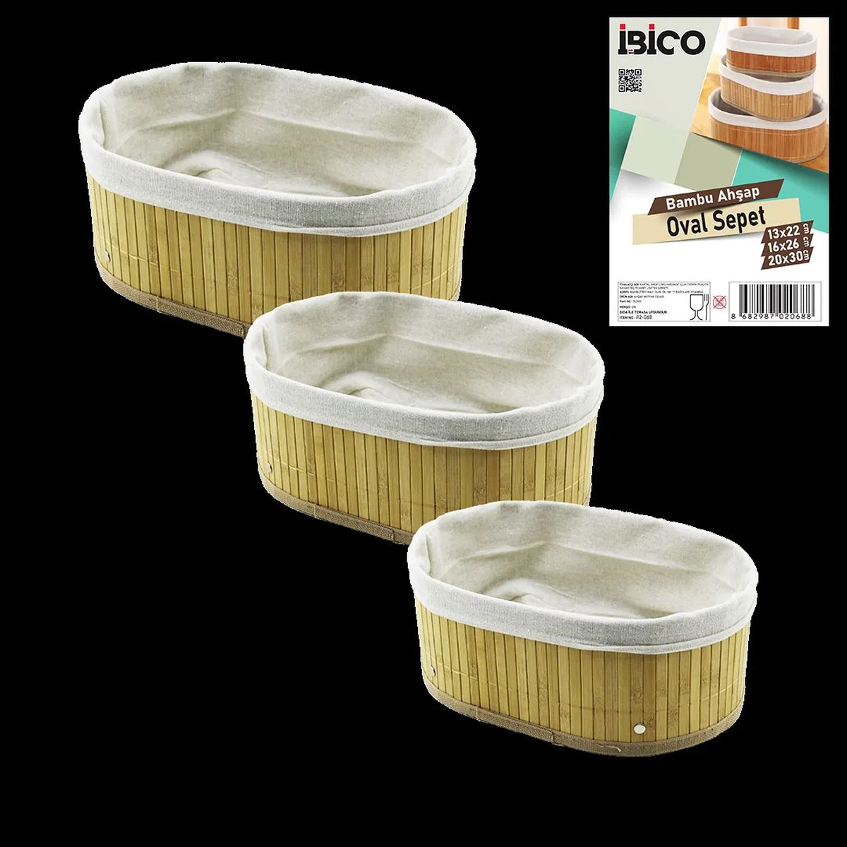 3 Boy Oval Organizer Sepet - Bambu Kenarlı, Ahşap Tabanlı, Bezli görsel 2