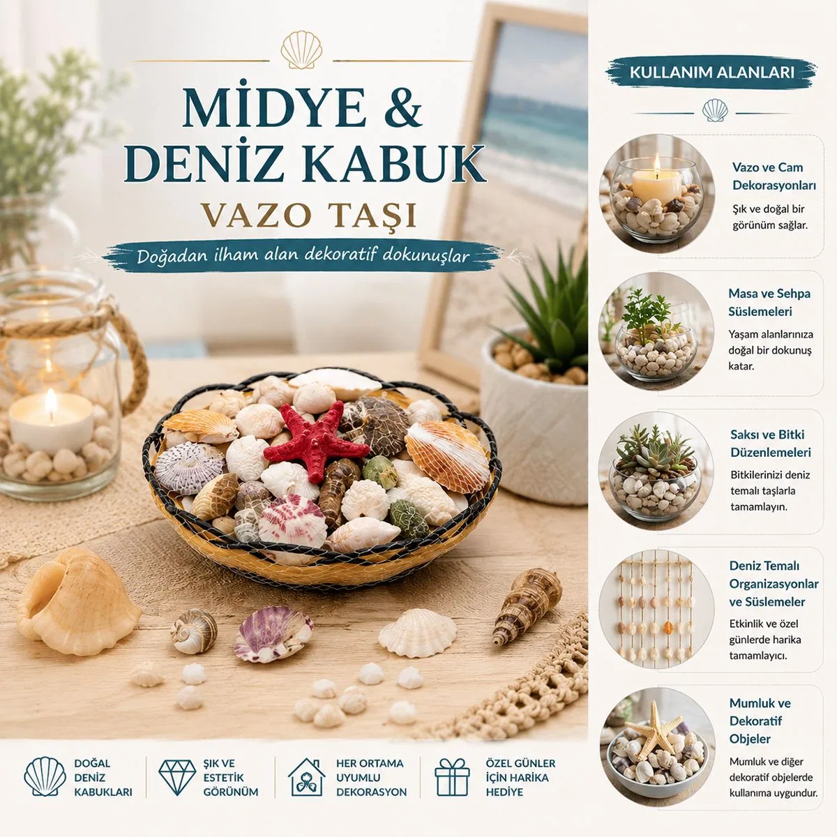 Ahşap Yuvarlak Sepet Fileli Renkli Midye Deniz Kabuk Vazo Taşı görsel 2