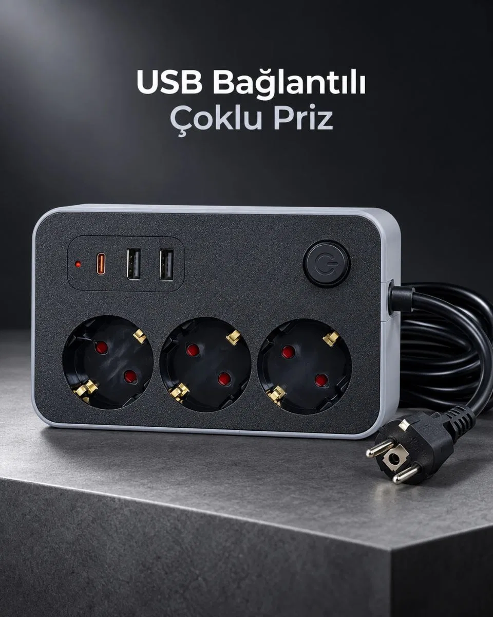 Çalışma Alanlarına Uygun Anahtarlı Usb Ve Type C Şarj Çıkışlı Kablolu Çoklu Priz