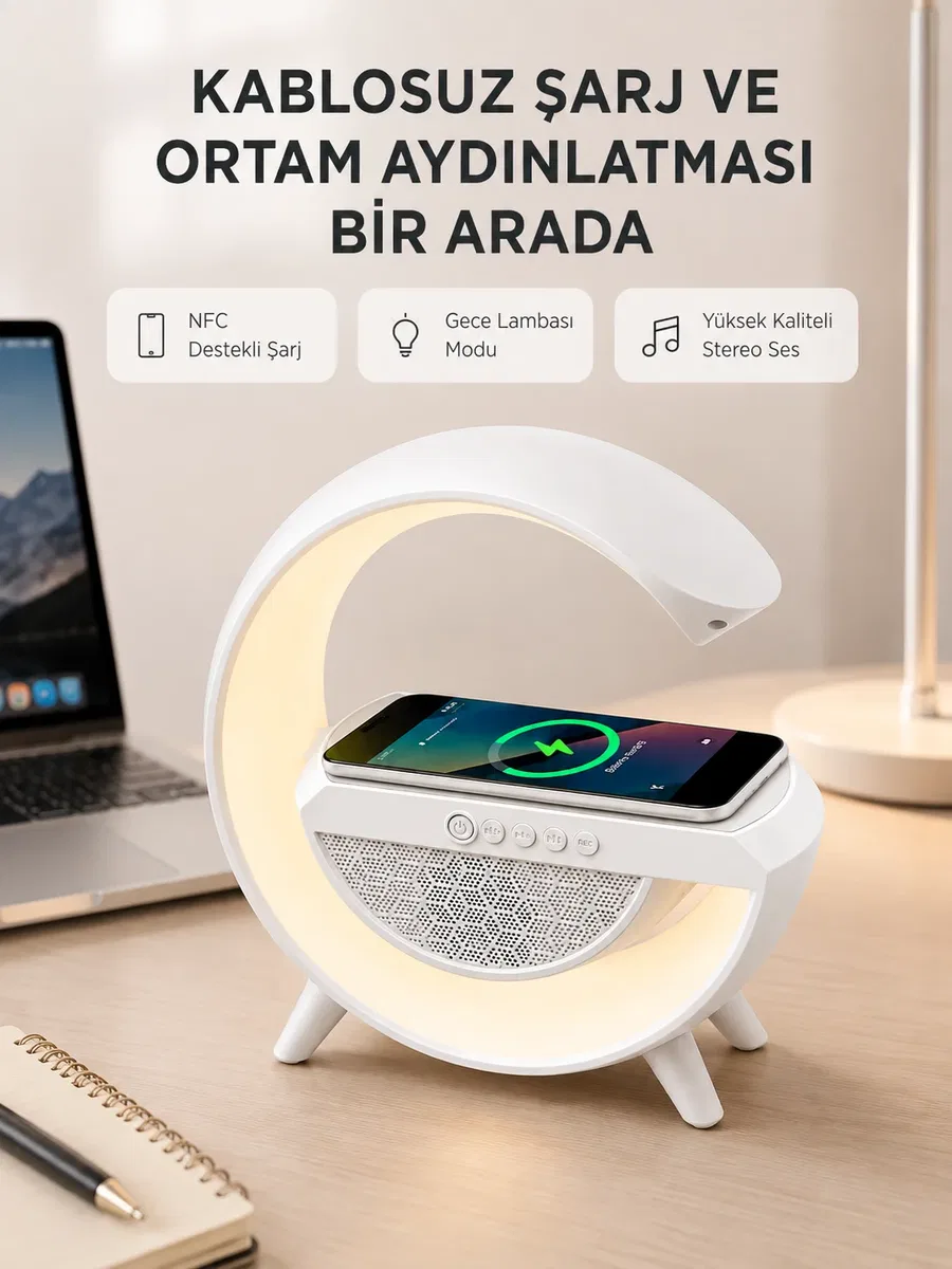 Bluetooth 5. 0 Hoparlör – Kablosuz Şarj, RGB Gece Lambası ve FM Radyo