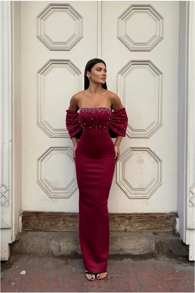 Kadın Trend Model Esnek Tül Kumaş Straplez Abiye Elbise görsel 3