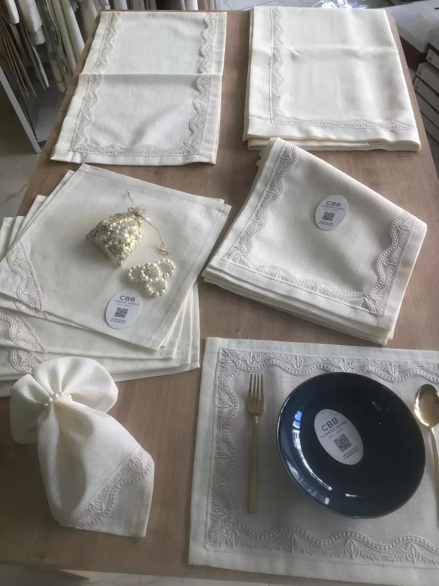 Sofra Takımı Lina Gardenya Keten Yemek Takımı 160x260 Masa Seti 12 Kişilik 26 Parça Runner Set Krem görsel 8