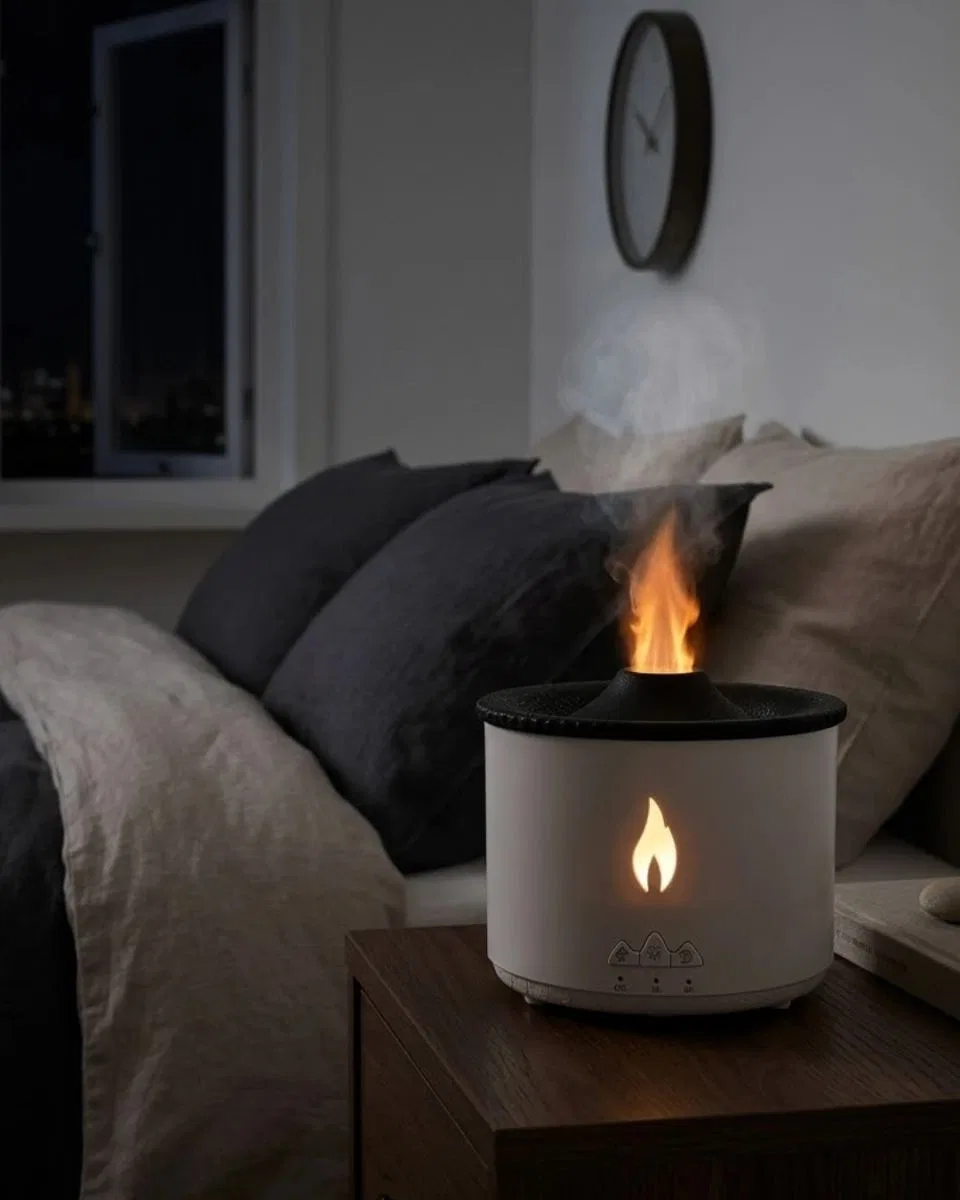 Alev Ve Volkan Efektli Ultrasonik Aroma Difüzörü Led Gece Lambalı Hava Nemlendirici