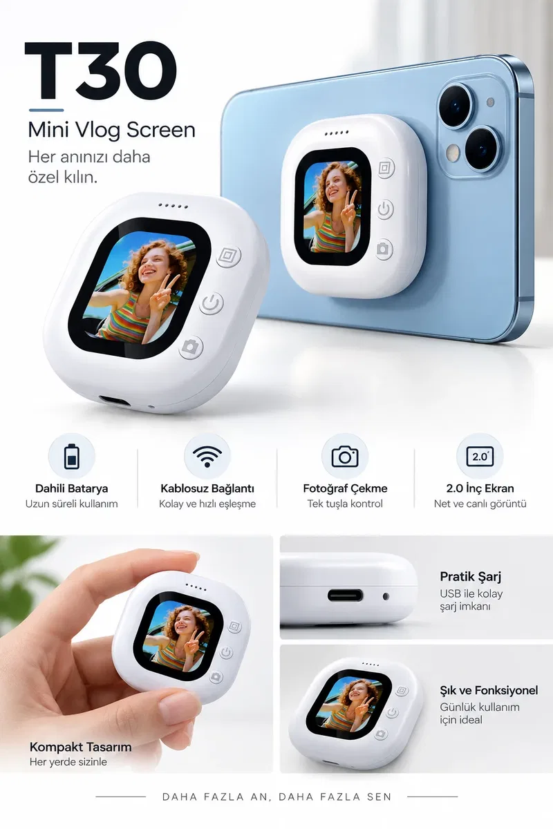 2. 0 İnç Kablosuz Selfie Ekranı Dahili Bataryalı