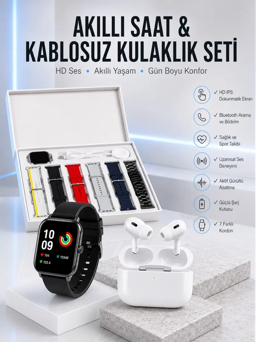 7 Kordonlu Akıllı Saat Ve Yeni Nesil Kulaklık Dokunmatik Ekran Android ve İOS Uyumlu