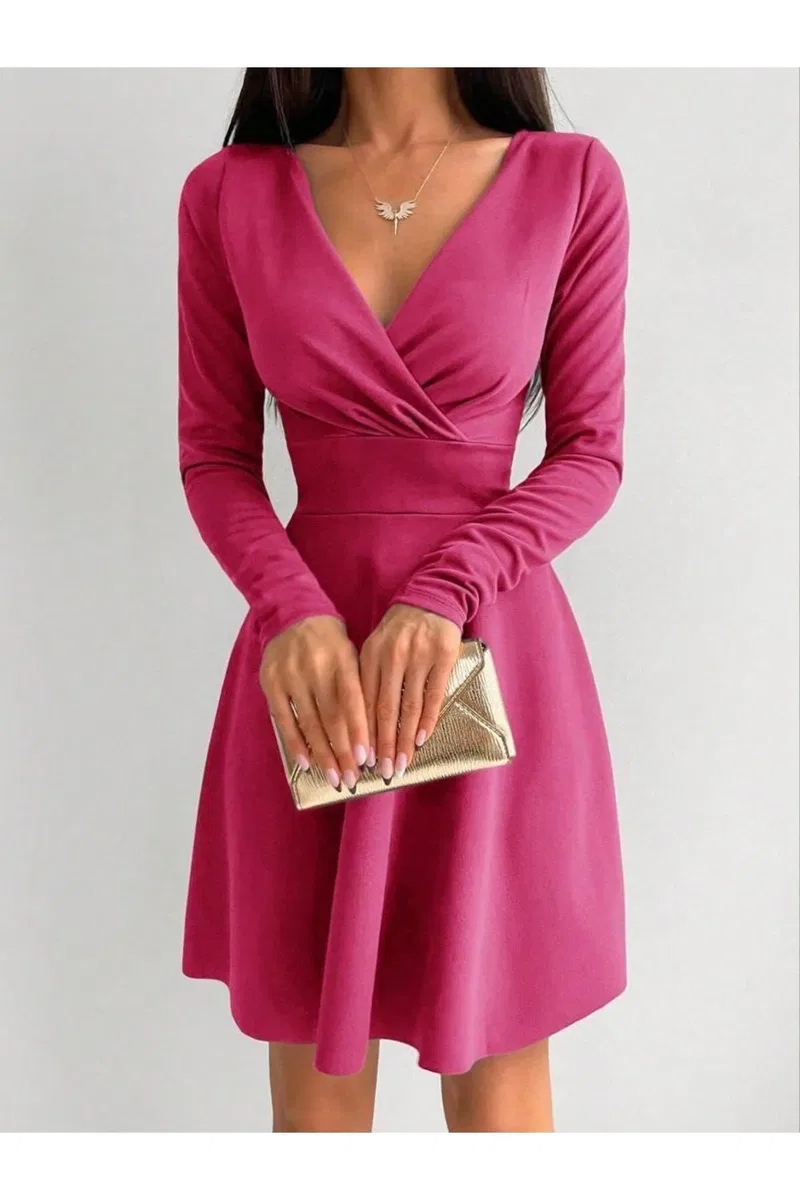Kadın Modern Stil Kruvaze Uzun Kol Krep Kumaş Kloş Abiye Elbise görsel 7