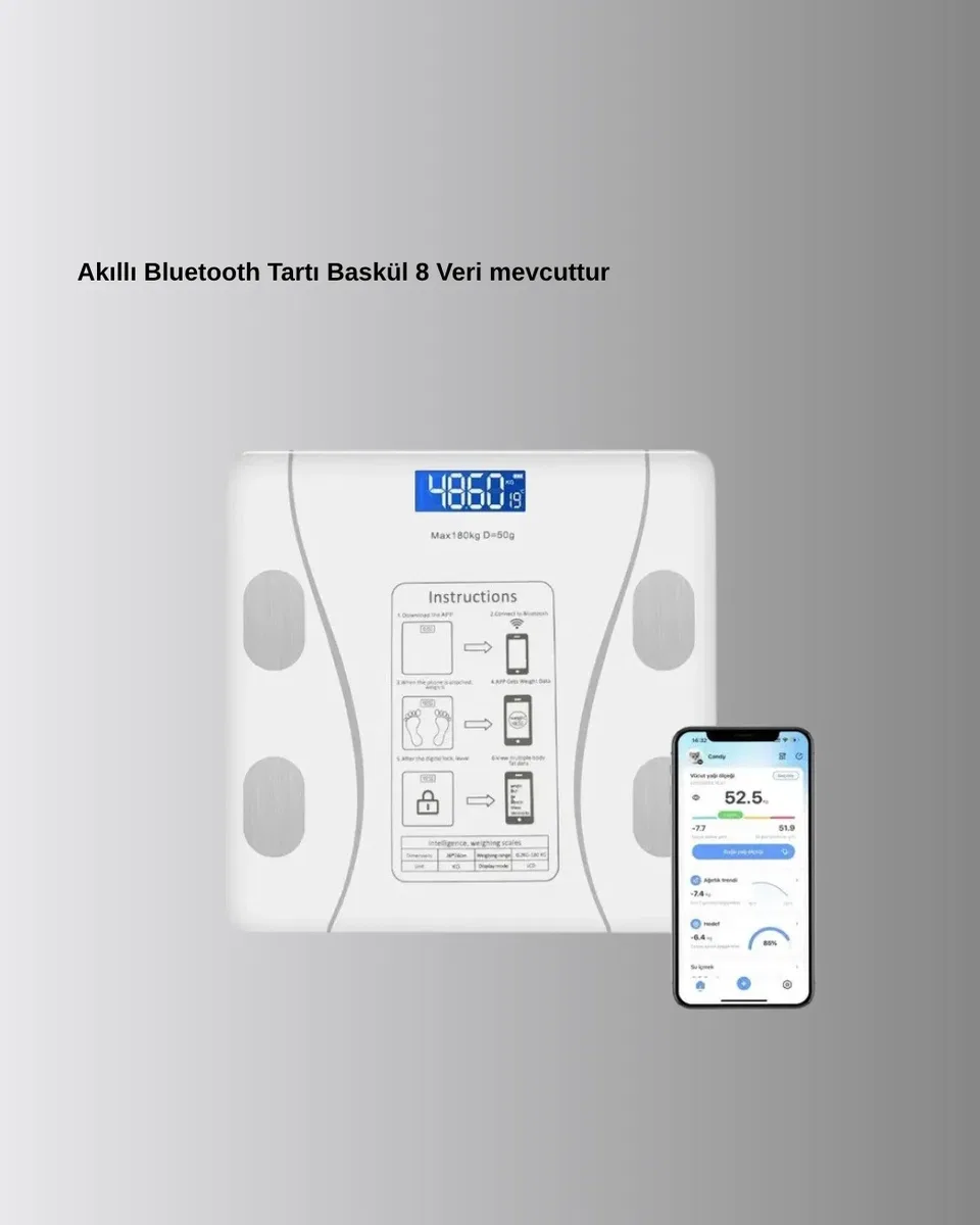 Bluetooth Akıllı Tartı – 8 Fonksiyonlu Dijital Baskül, 180 kg Kapasiteli görsel 3