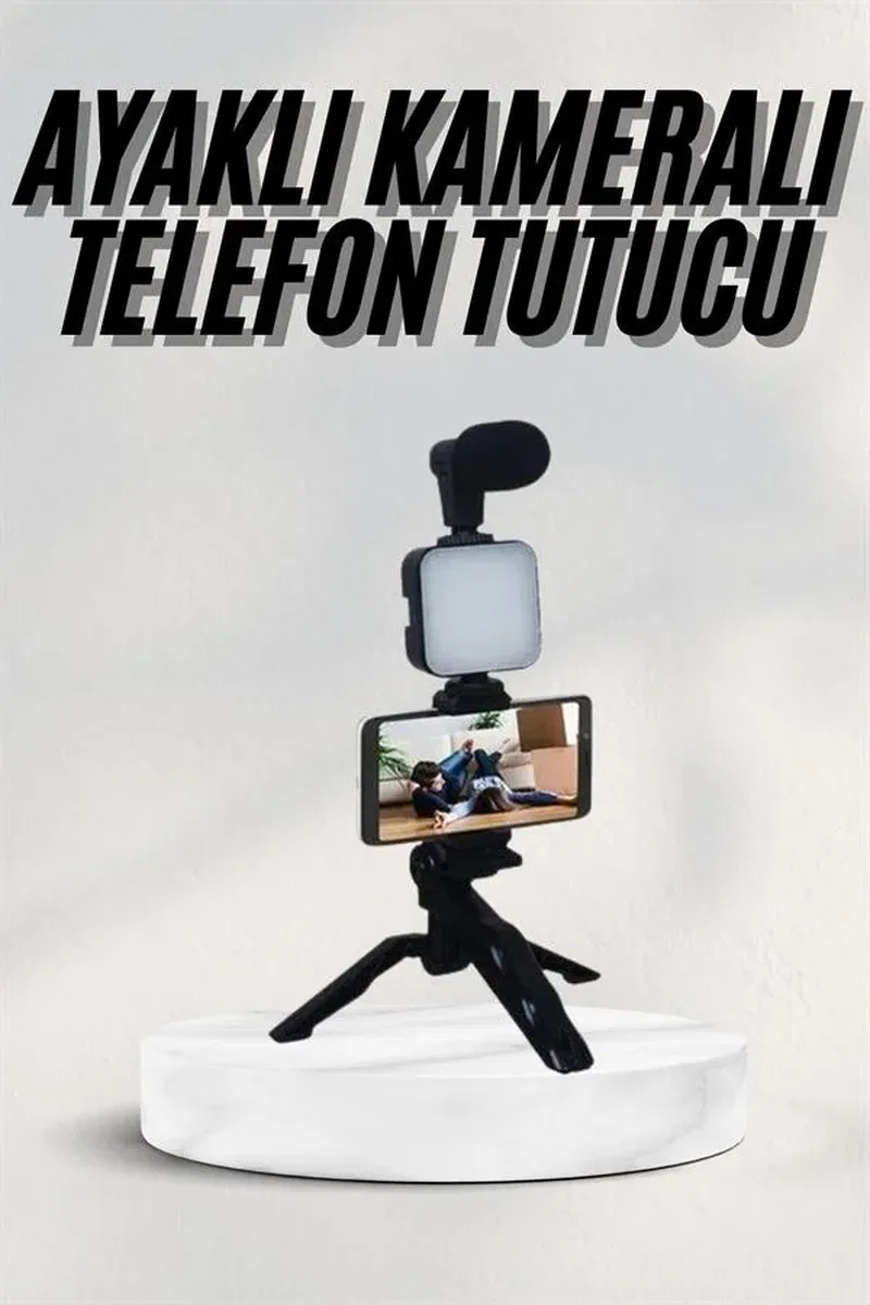Telefon Tutucu Led Işıklı Kumandalı Mikrofon Telefon Vlog Video Kayıt görsel 2