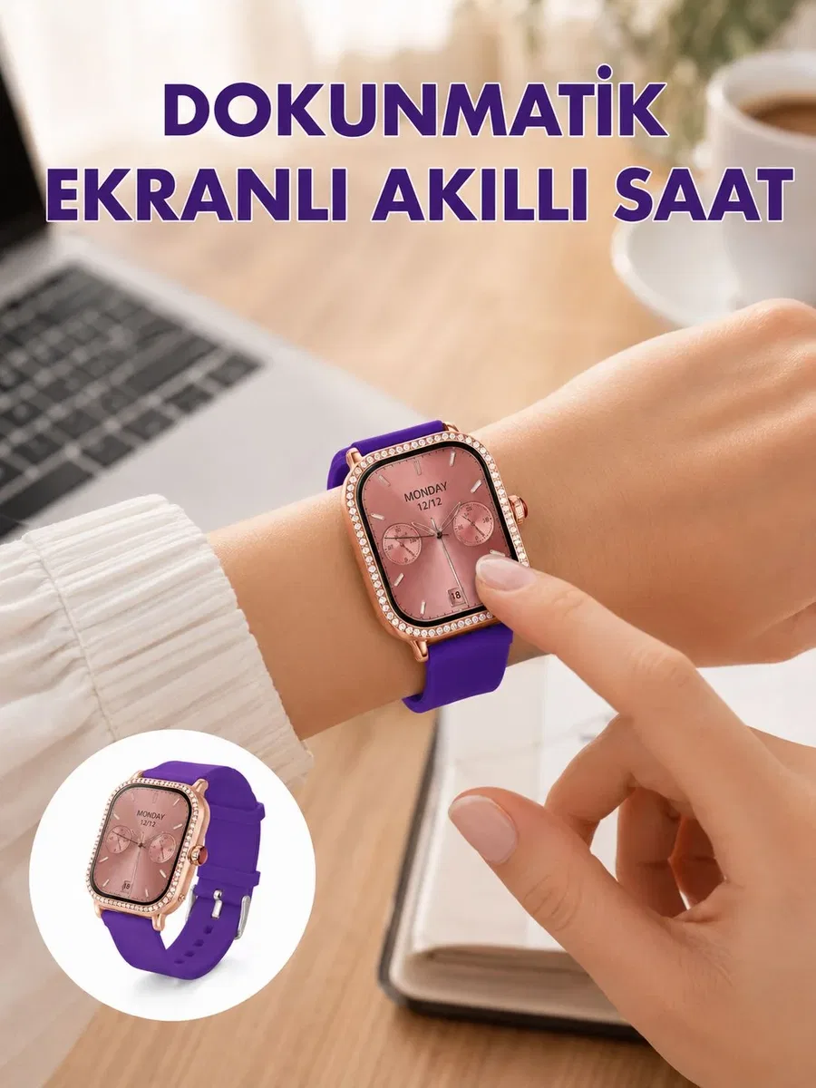 Pembe Mor ve Metal Kordonlu Akıllı Saat Hediye Seti