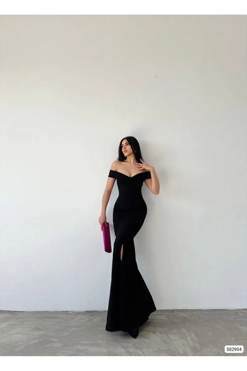 Kadın İnce İşçilik Kayık Yaka Kısa Kol Krep Kumaş Maxi Abiye Elbise görsel 5