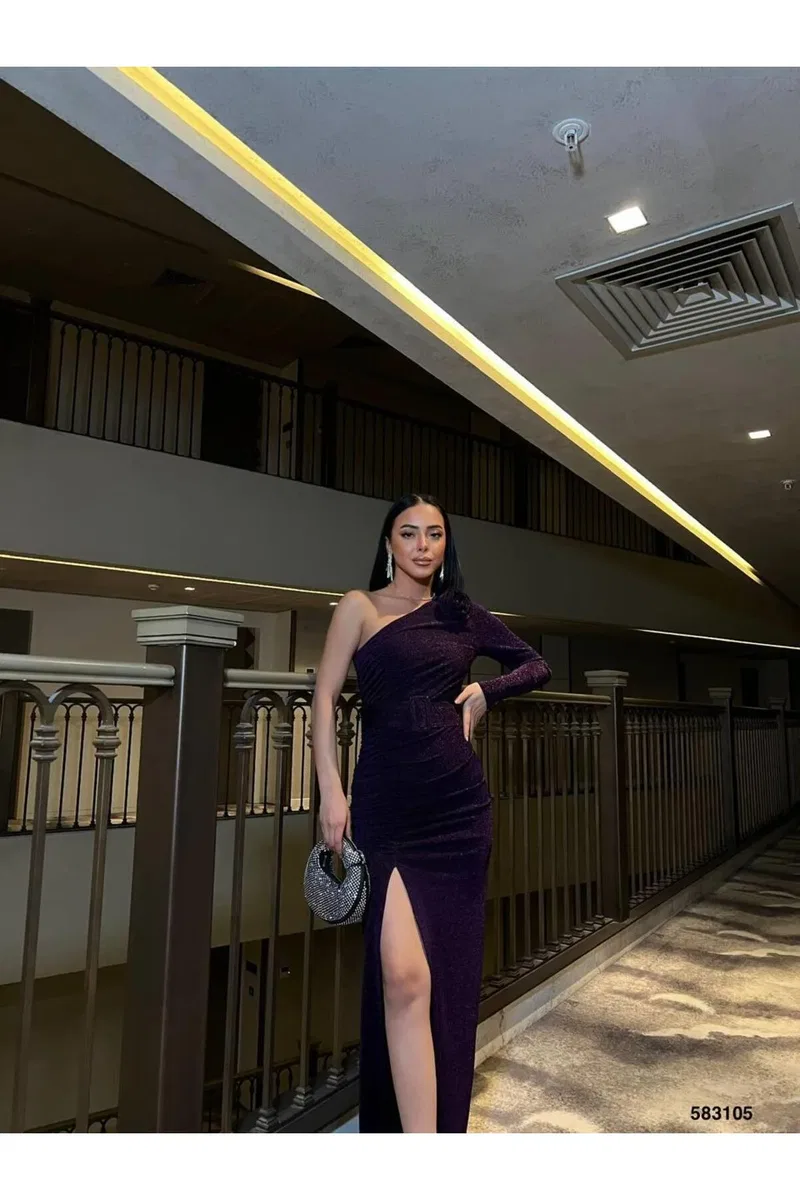 Kadın Trend Model Mezuniyet Elbisesi Tek Omuz Tek Kol Balık Kesim Abiye Elbise görsel 2