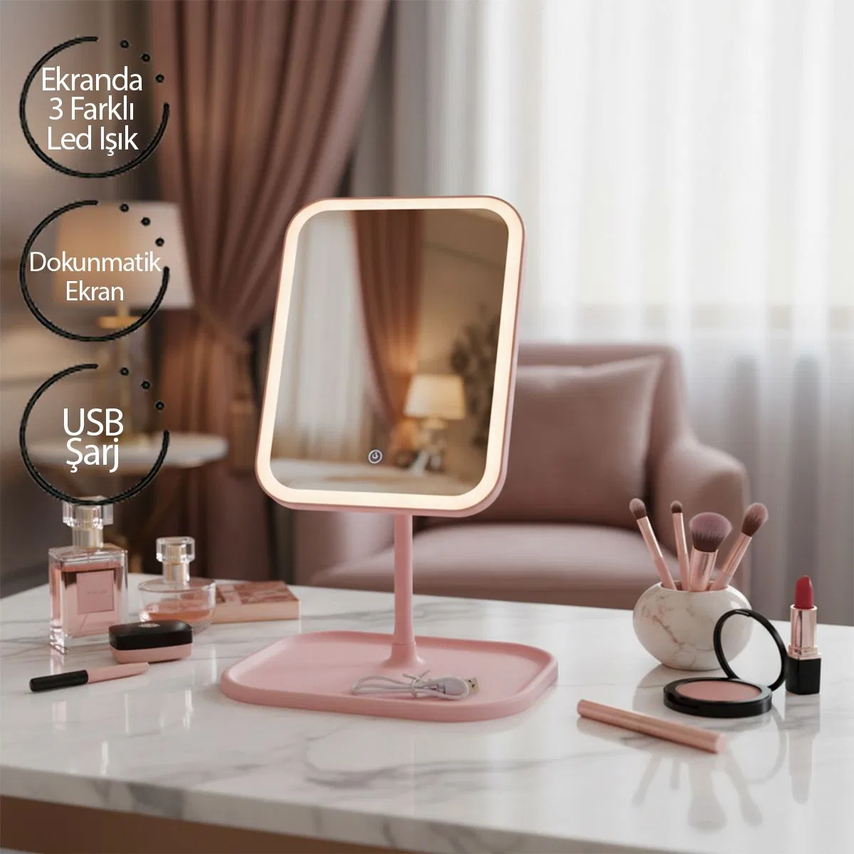 7" LED USB Şarjlı Dikdörtgen Makyaj Aynası, 90° Ayarlı görsel 5