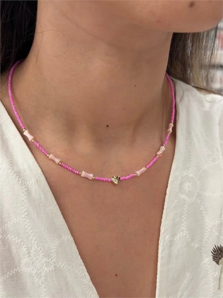 Kalp Boncuk Kolye - Pembe görsel 2