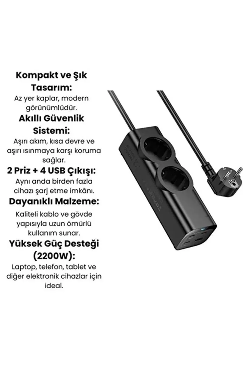 67w Hızlı Şarjlı Akıllı Çoklu Priz – 2000w Güç, 2 Usb-c + 2 Usb-a Çıkışlı, Telefon & Laptop Uyumlu görsel 5