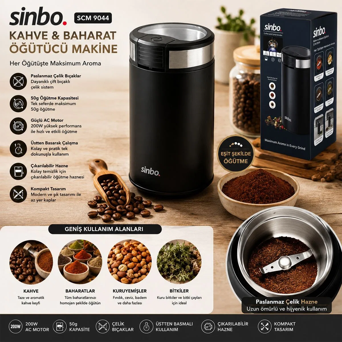 Kahve & Baharat Öğütücü 200W, 50g Çelik Bıçak görsel 3