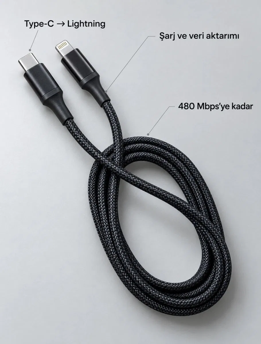 Type C Lightning Örgülü Şarj Ve Veri Kablosu 2 Metre görsel 3