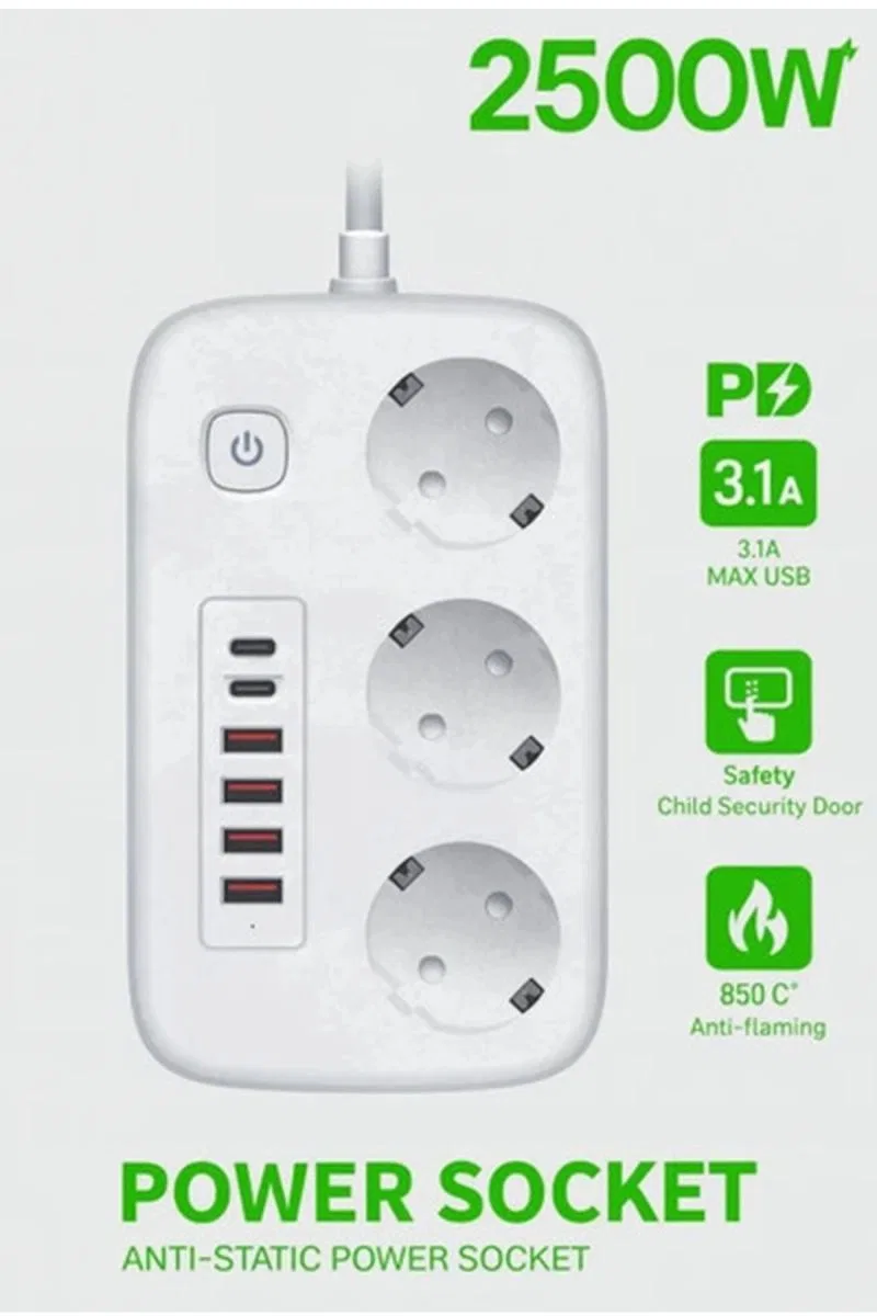  akım Korumalı Priz Ve Masaüstü Şarj İstasyonu Kablosuz 3 Priz, 4 Usb, 2 Type-c Girişli 2 Metre