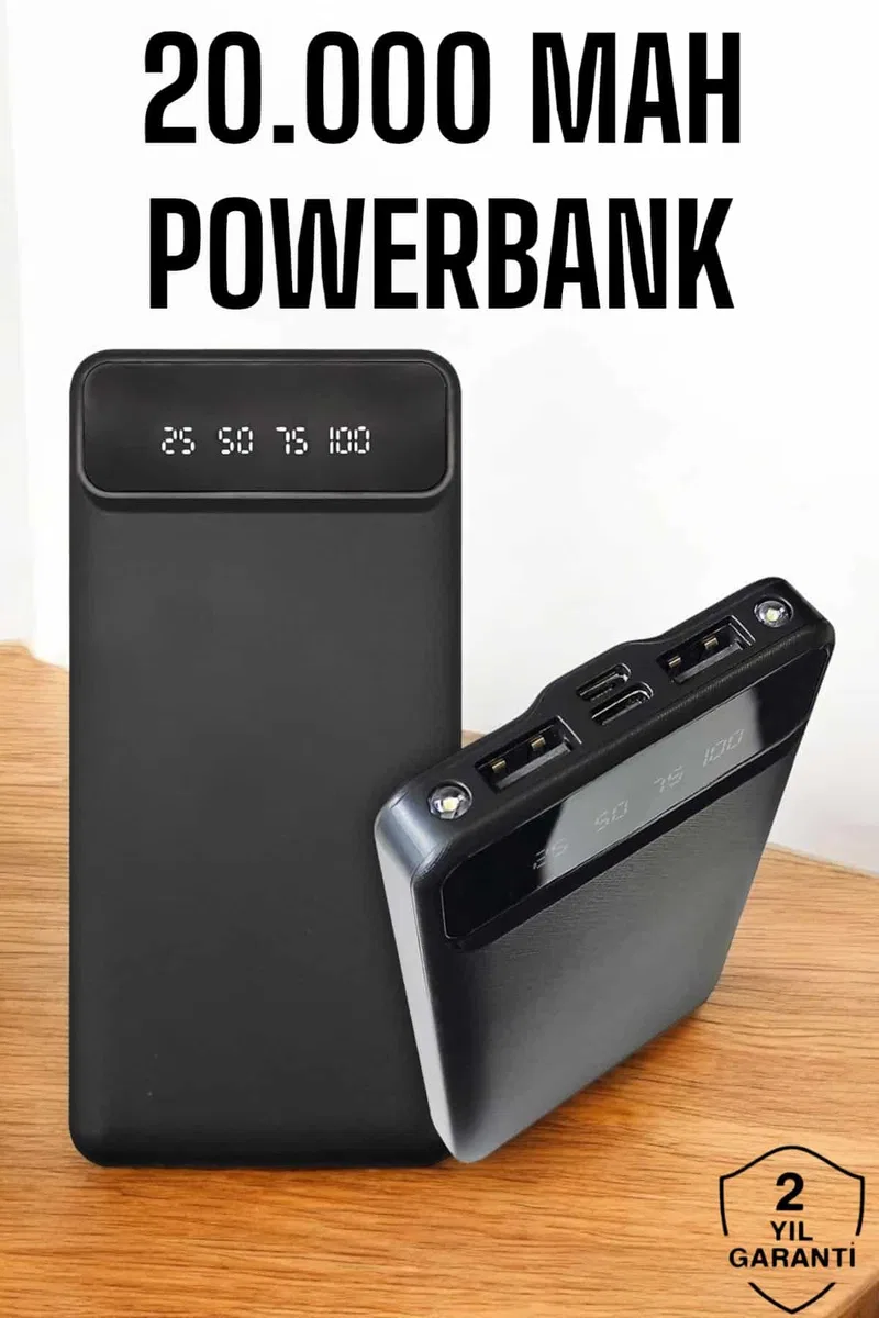 20. 000 Mah Led Işıklı LCD Ekran USB Girişli Type-C Lightning Powerbank