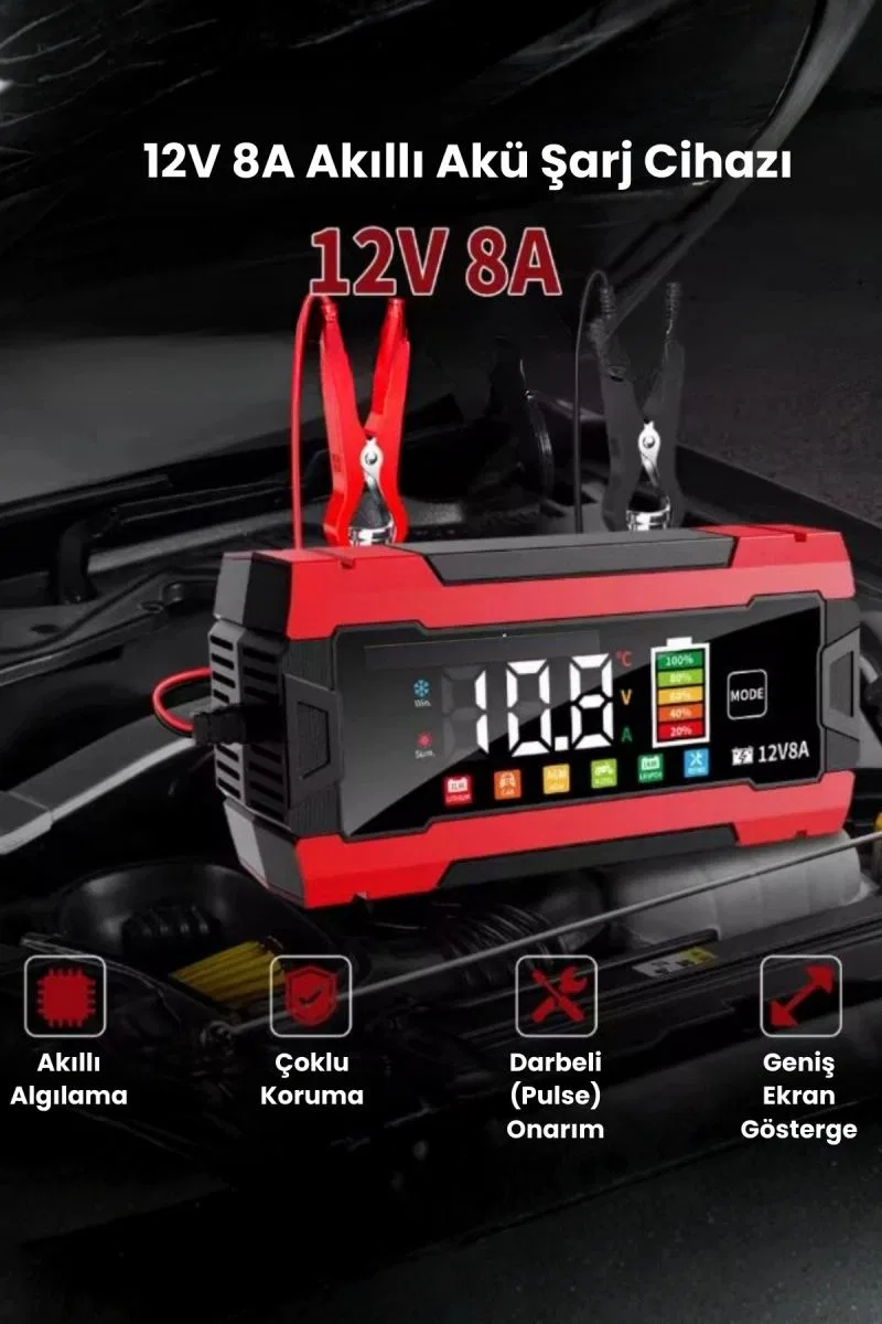 12v 8a Akıllı Akü Şarj Cihazı 12v 8a Lcd Ekranlı Pulse Repair Otomatik Akü Şarj & Desülfatör görsel 4
