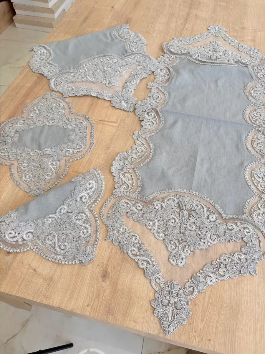 Salon Takımı Çeyizlik Gri Runner Set 5 Parça Keten Masa Örtüsü Runneri Gerdan görsel 4