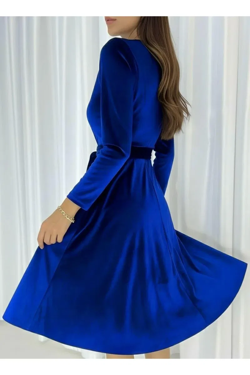 Kadın Trend Model V Yaka Uzun Kol Kadife Kumaş Slim Mini Abiye Elbise görsel 2