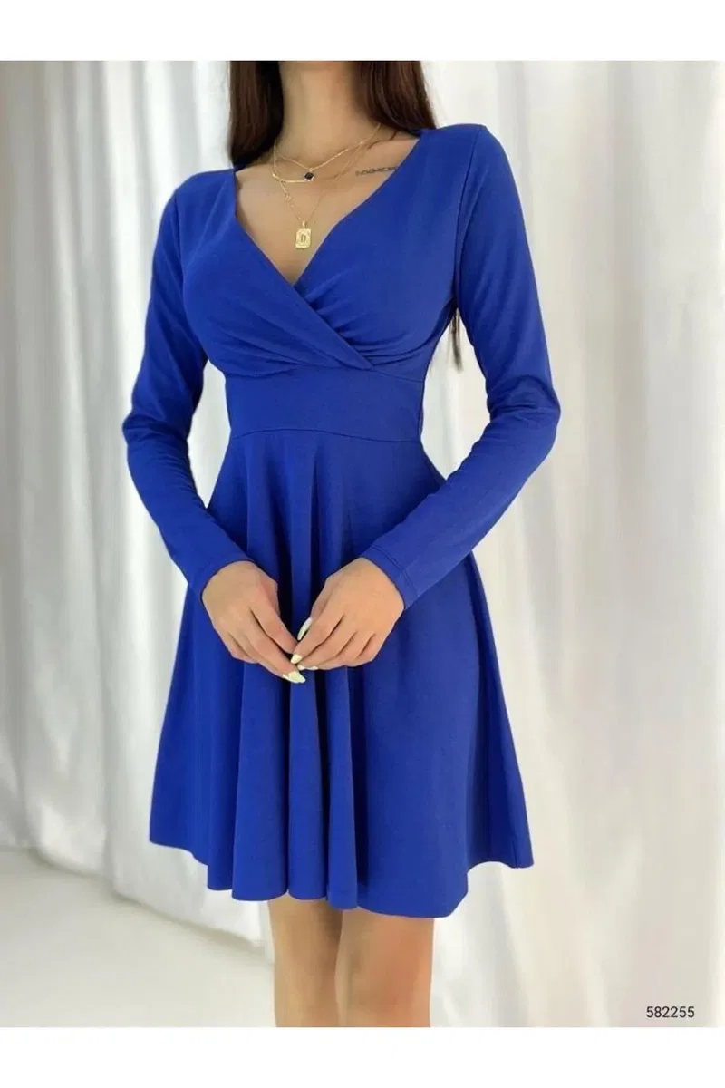 Kadın Modern Stil Kruvaze Uzun Kol Krep Kumaş Kloş Abiye Elbise görsel 3