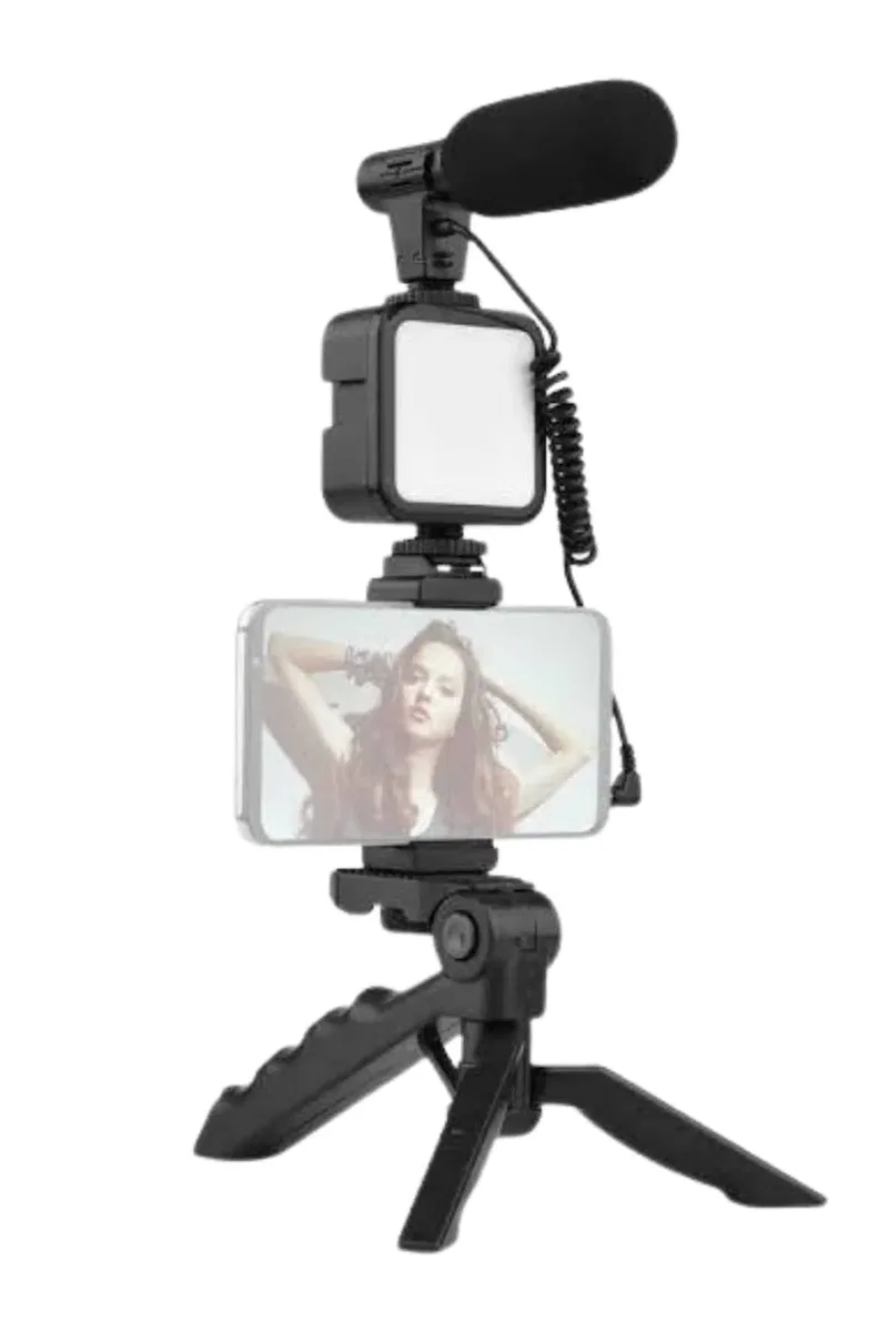 Tripod Telefon Tutucu Kumandalı Mikrofon Led Işık Vlog Video Kayıt görsel 2
