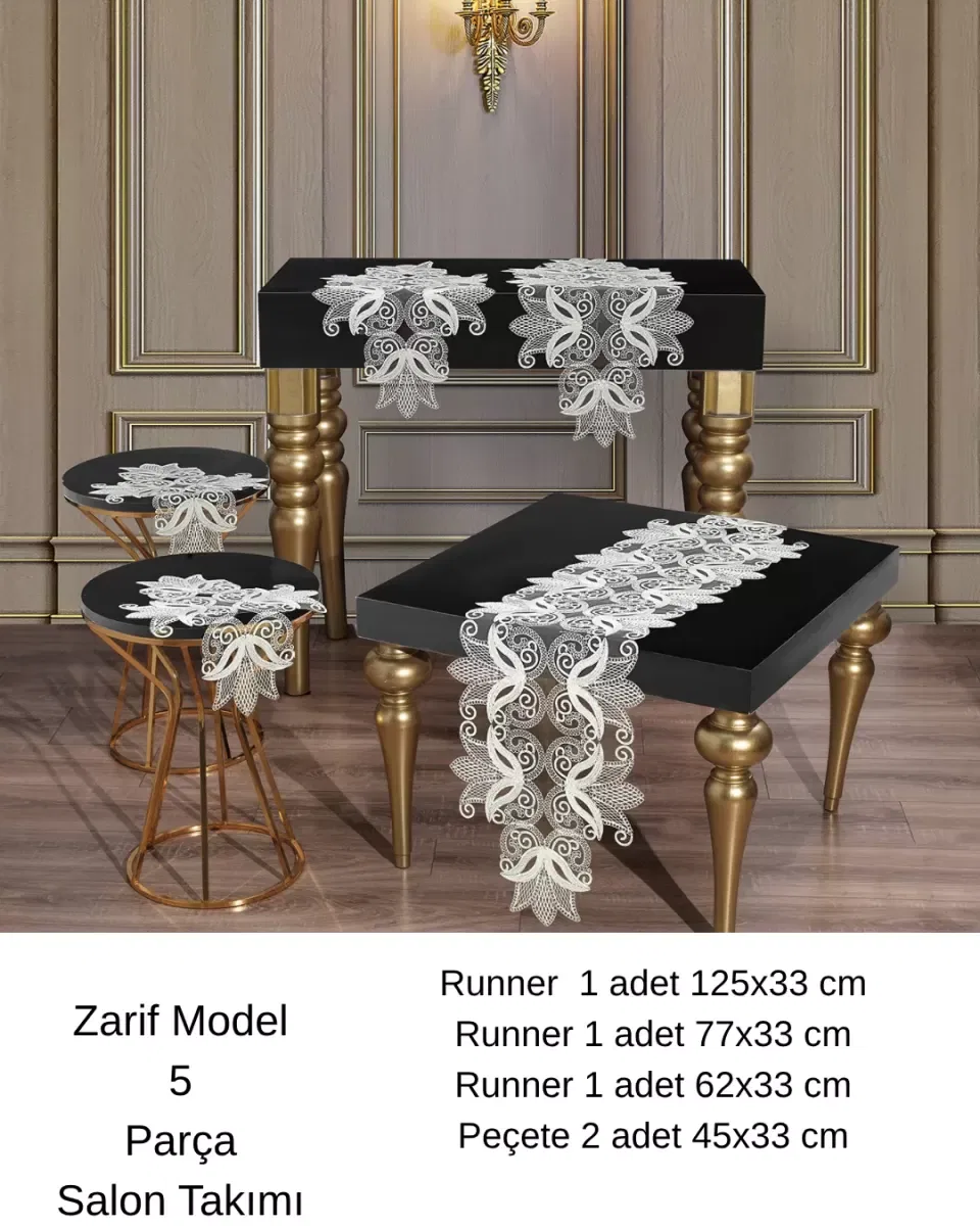 Zarif Model Simli Oksit Renk Dantelli Masa Örtüsü Runner Seti Çeyizlik Salon Takımı 5 Parça görsel 2