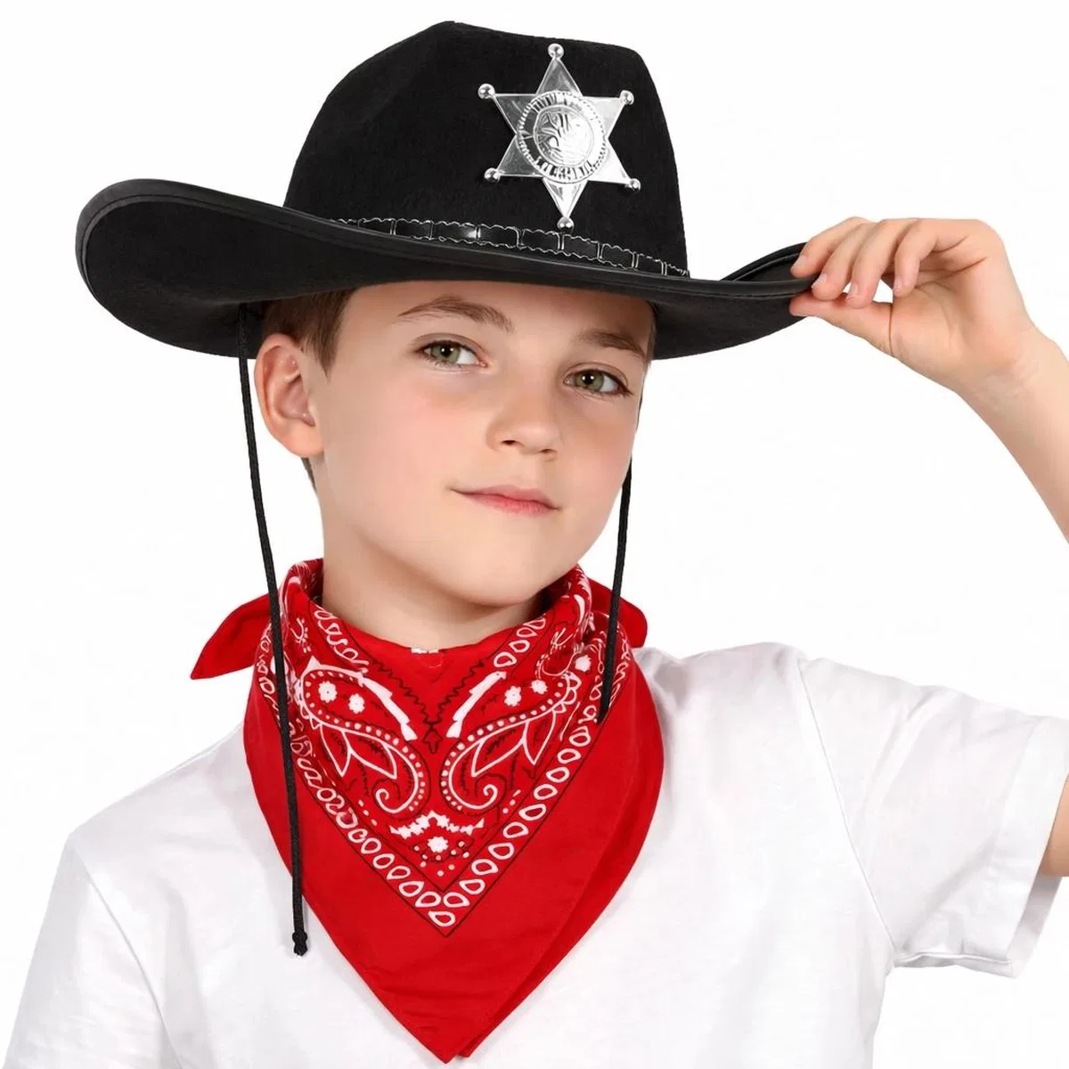 Çocuk Kovboy Şapka Rozetli Siyah Kırmızı Bandana Seti
