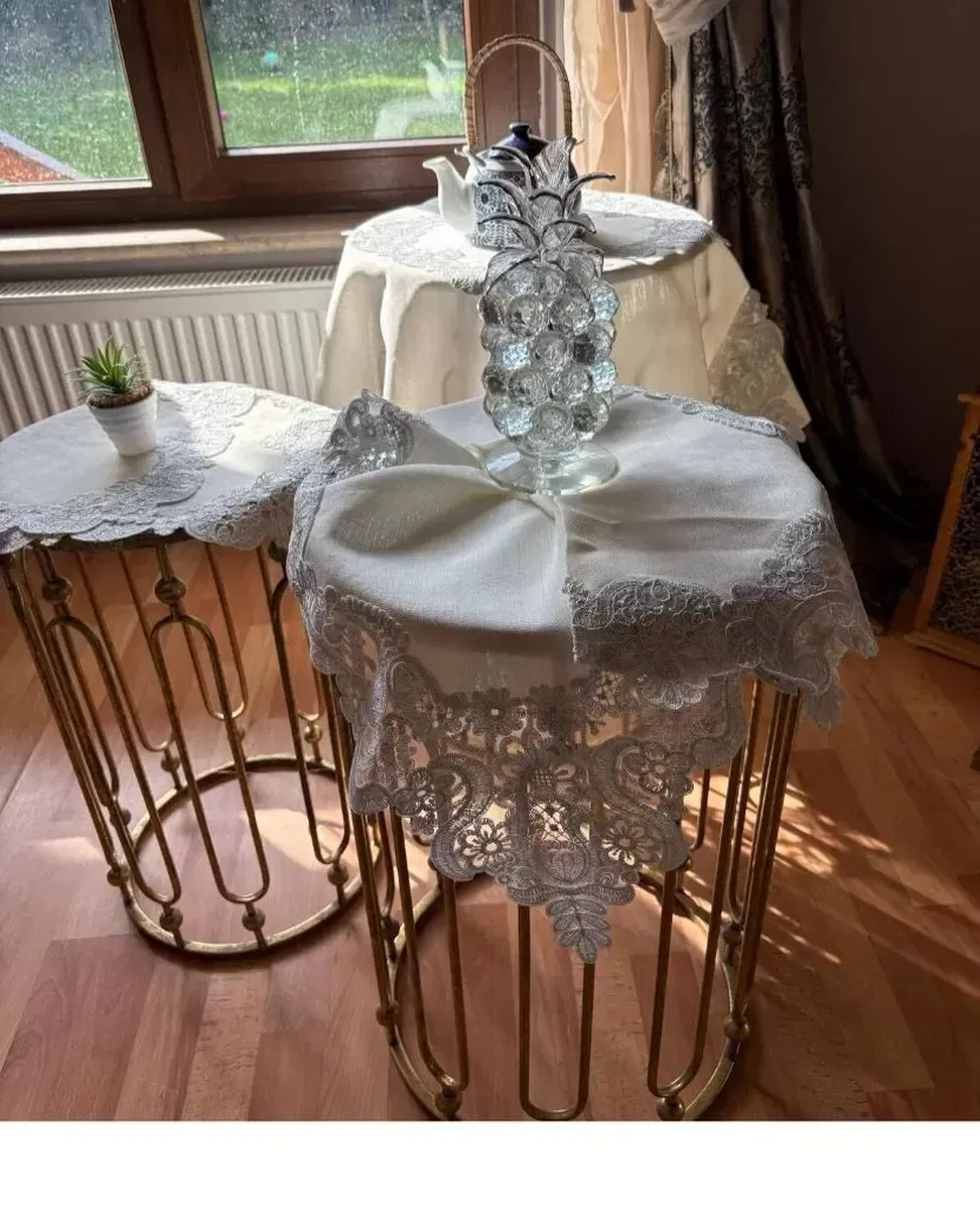 Salon Takımı 5 Parça Dantelli Keten Masa Örtüsü Runner Seti Çeyizlik Şelinda Model No 96350 Krem-Krem görsel 5