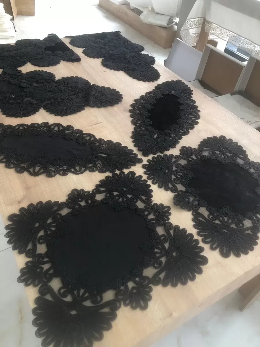 Salon Takımı Çeyizlik Siyah Runner Set 7 Parça Kadife Ranır Masa Konsol Sehpa Örtüsü Palmiye görsel 2