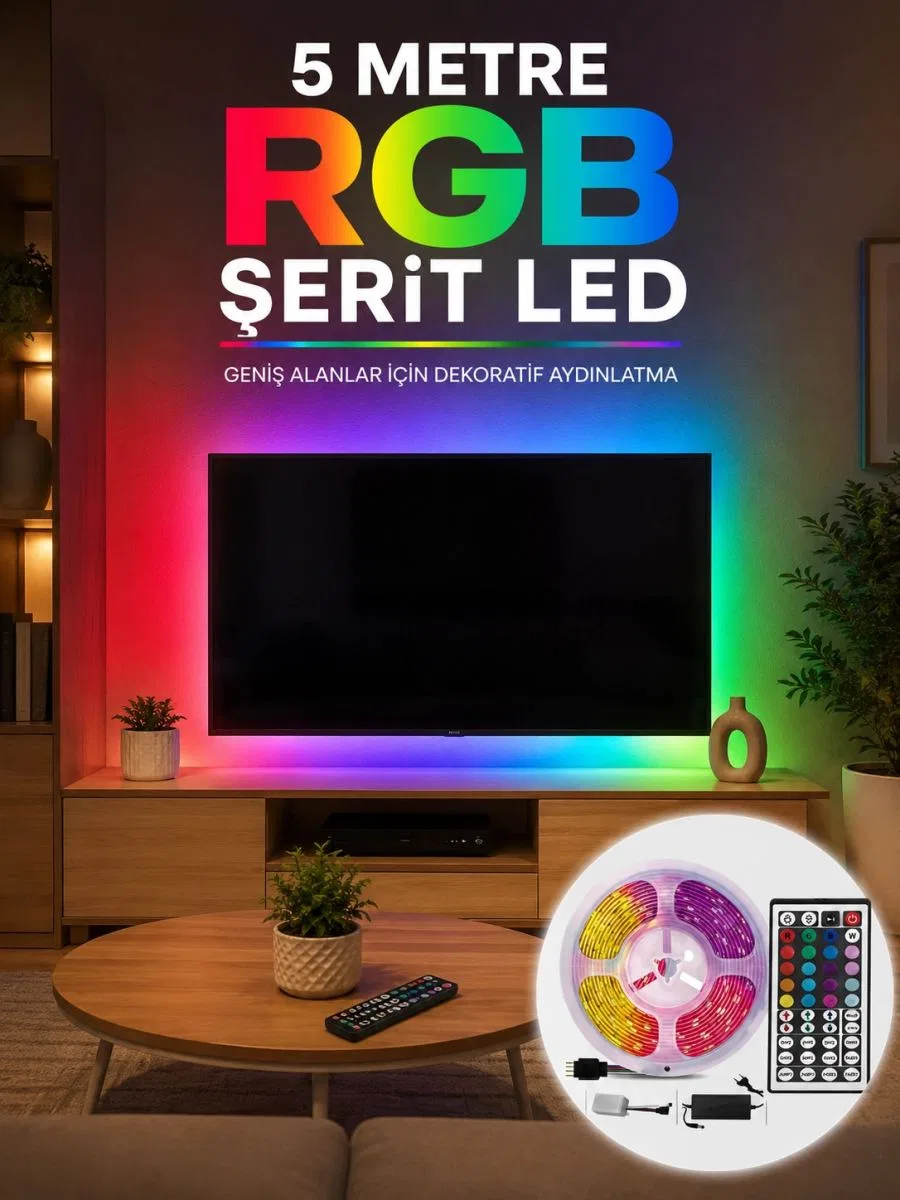 5 Metre Rgb Şerit Led 5050 Smd Uzaktan Kumandalı Renkli Dekoratif Led Aydınlatma Seti
